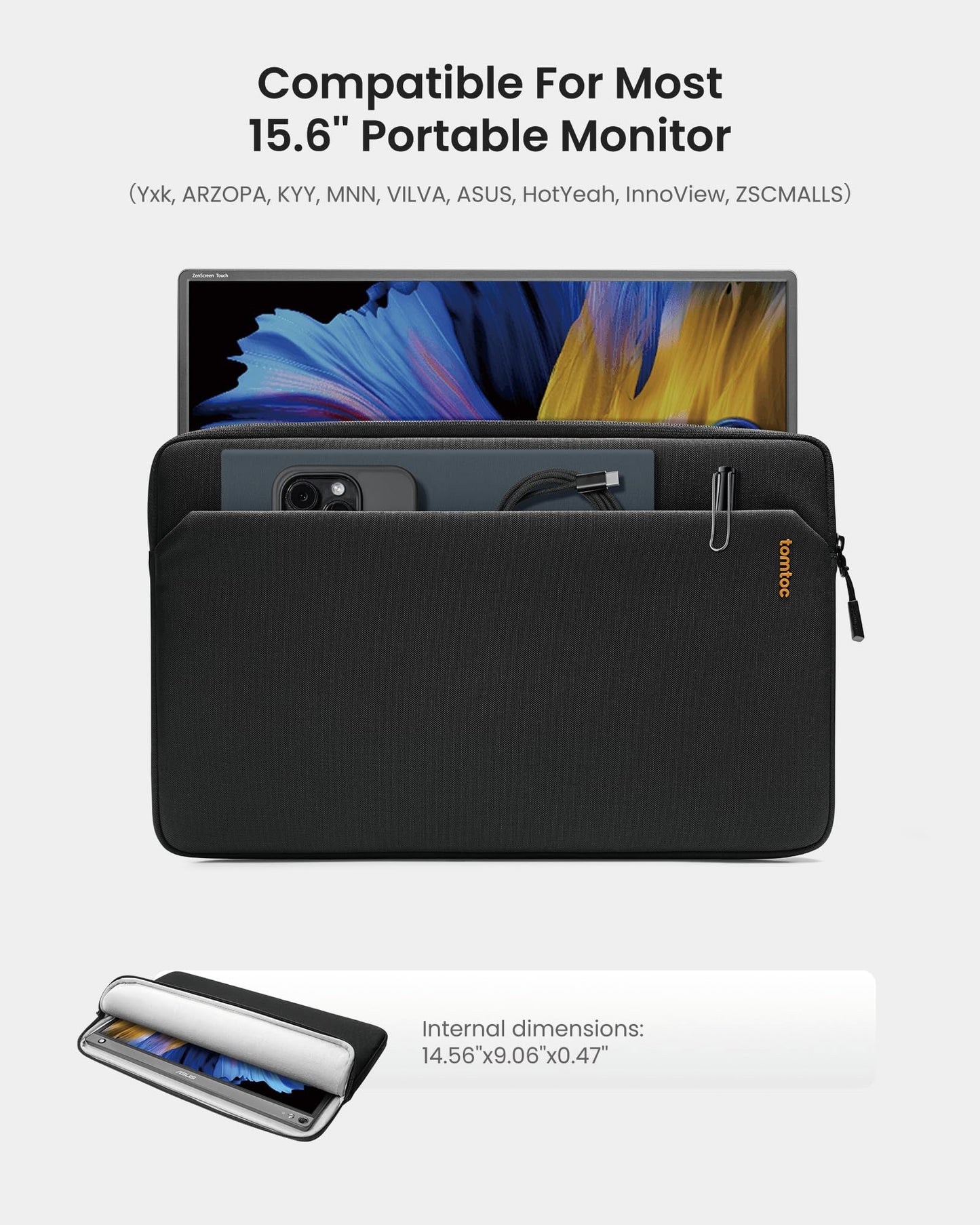 tomtoc Light-A18 Slim 15.6 Inch Portable Monitor Sleeve Case with Acessories Storage, Light Protective Carrying Sleeve for Most 15.6 in Portable Monitors with Eco-Friendly Fabric