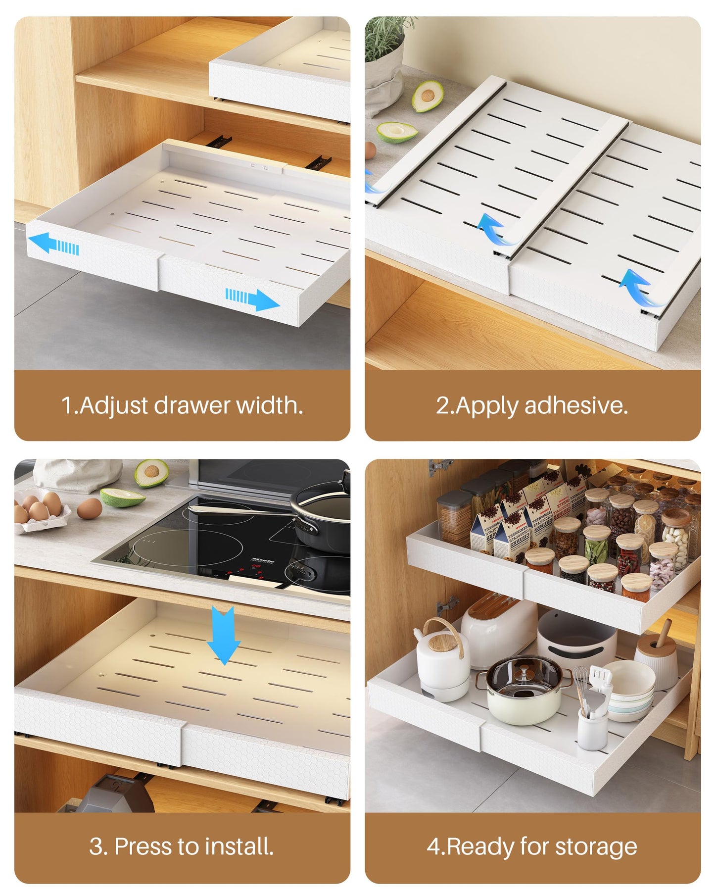 UMDONX 2 Pack Expandable Pull out Cabinet Storage Organizer Kitchen Cupboard Drawers, No Drill Adhesive Pantry Shelf Peel and Stick Sliding Rack(Durable Metal White Load 65LBS 21"Deep)