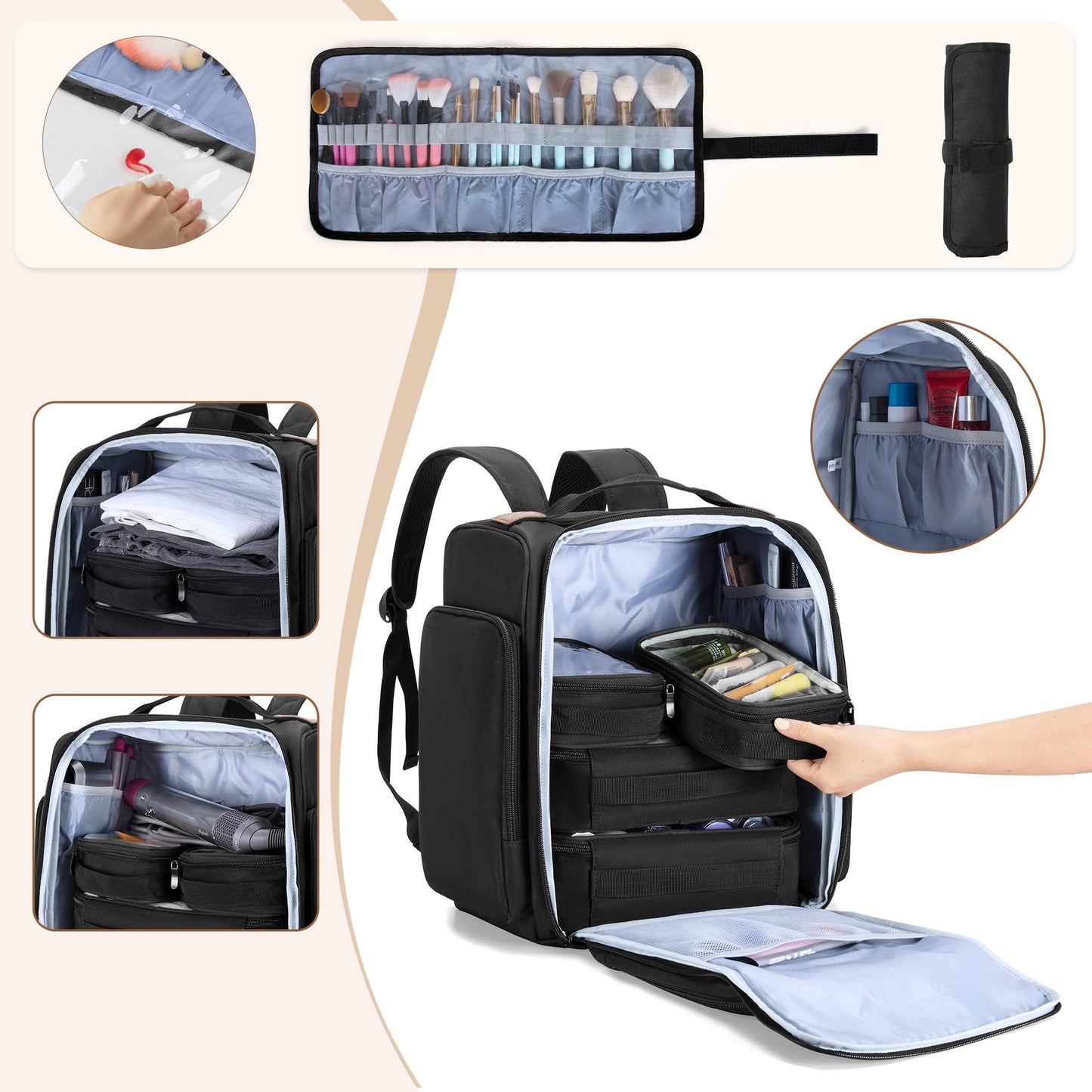 BAFASO Makeup Backpack with 4 Inner Removable Pouches and 1 Makeup Brush Bag, Makeup Artist Bag Tattoo Bag Backpack with Multiple Storage Space, Black