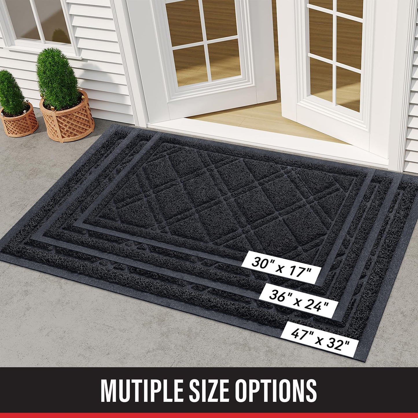 Front Door Mat Outdoor Mat for Entrance, Non-Slip Low Profile Doormat, Durable Dirt Trapper Welcome Mat Shoe Mat for Outdoor, Indoor, Front Back Doors, Entrance, 32"x48", Black