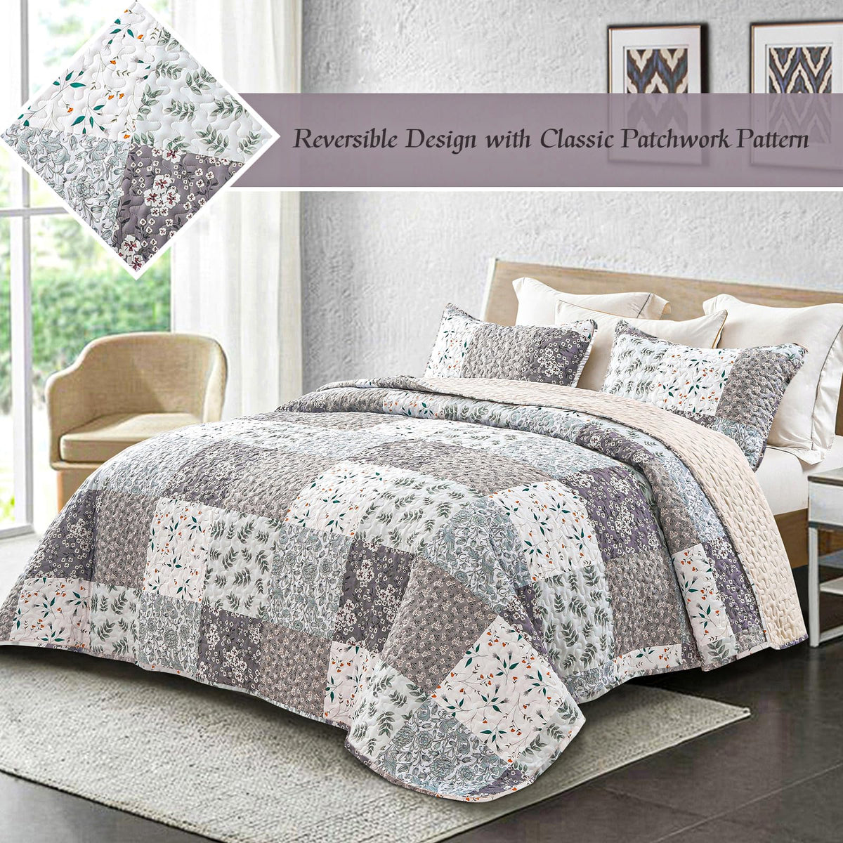 Whale Flotilla 3-Piece Printed Queen Size Quilt Bedding Set with 2 Pillow Shams Lightweight Reversible Bedspreads Coverlet Set for All Season, Light Grey