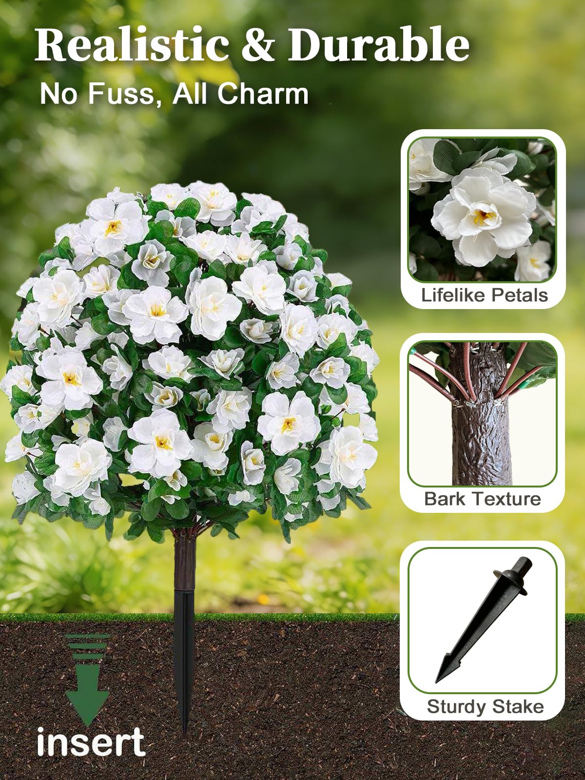 2 Pack Artificial Azalea Topiary Ball Trees 24” UV Resistant Silk Flowers Boxwood Shrubs with Ground Spike Realistic Faux Greenery for Outdoor and Indoor Decor