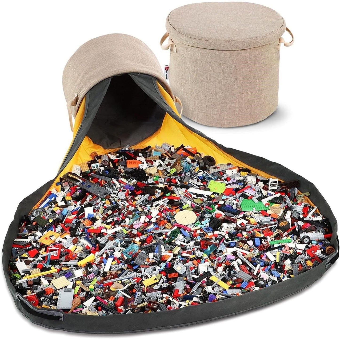 Creative QT - SlideAway Toy Storage Basket and Play Mat – Tidy with Ease, Organize Small Toys, Building Bricks, Action Figures – Large Drawstring Foldaway Play Surface - 12”x15” - Heather Beige