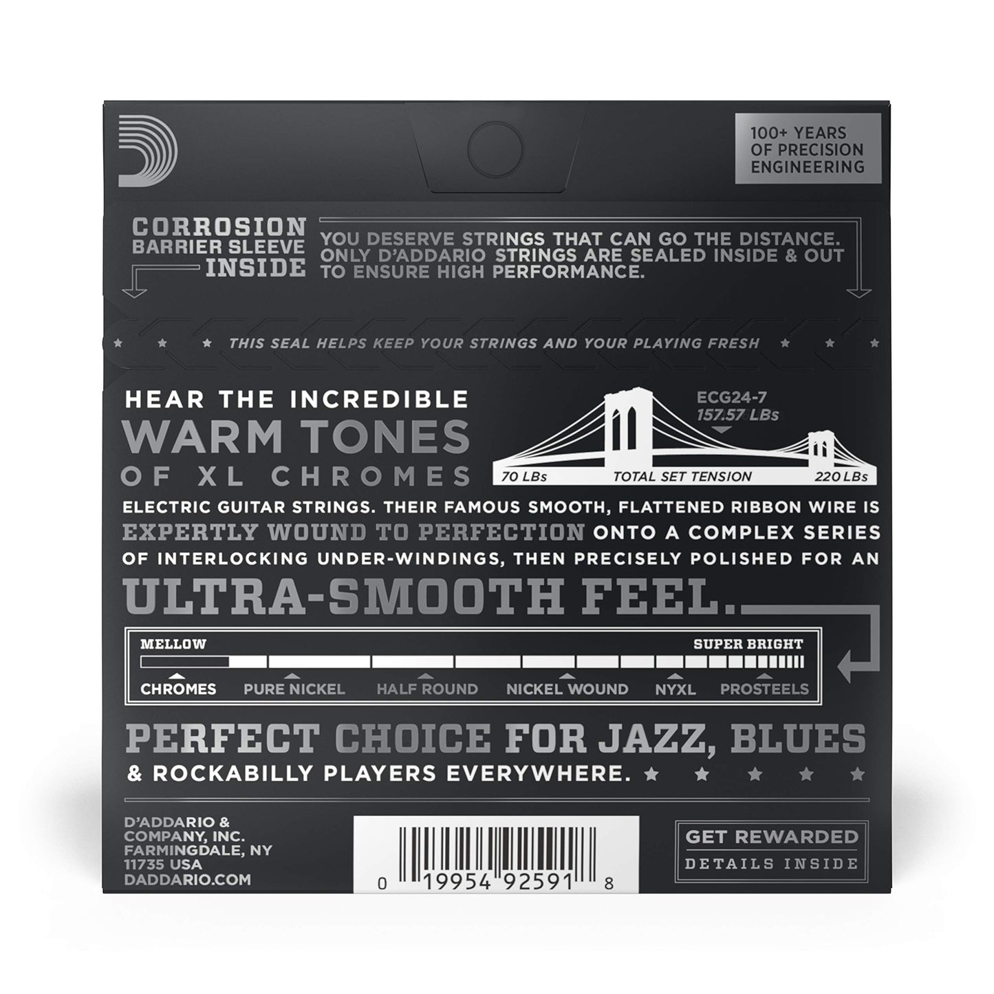 D'Addario ECG24-7 Chromes Flat Wound 7-String Electric Guitar Strings, Jazz Light, 11-65