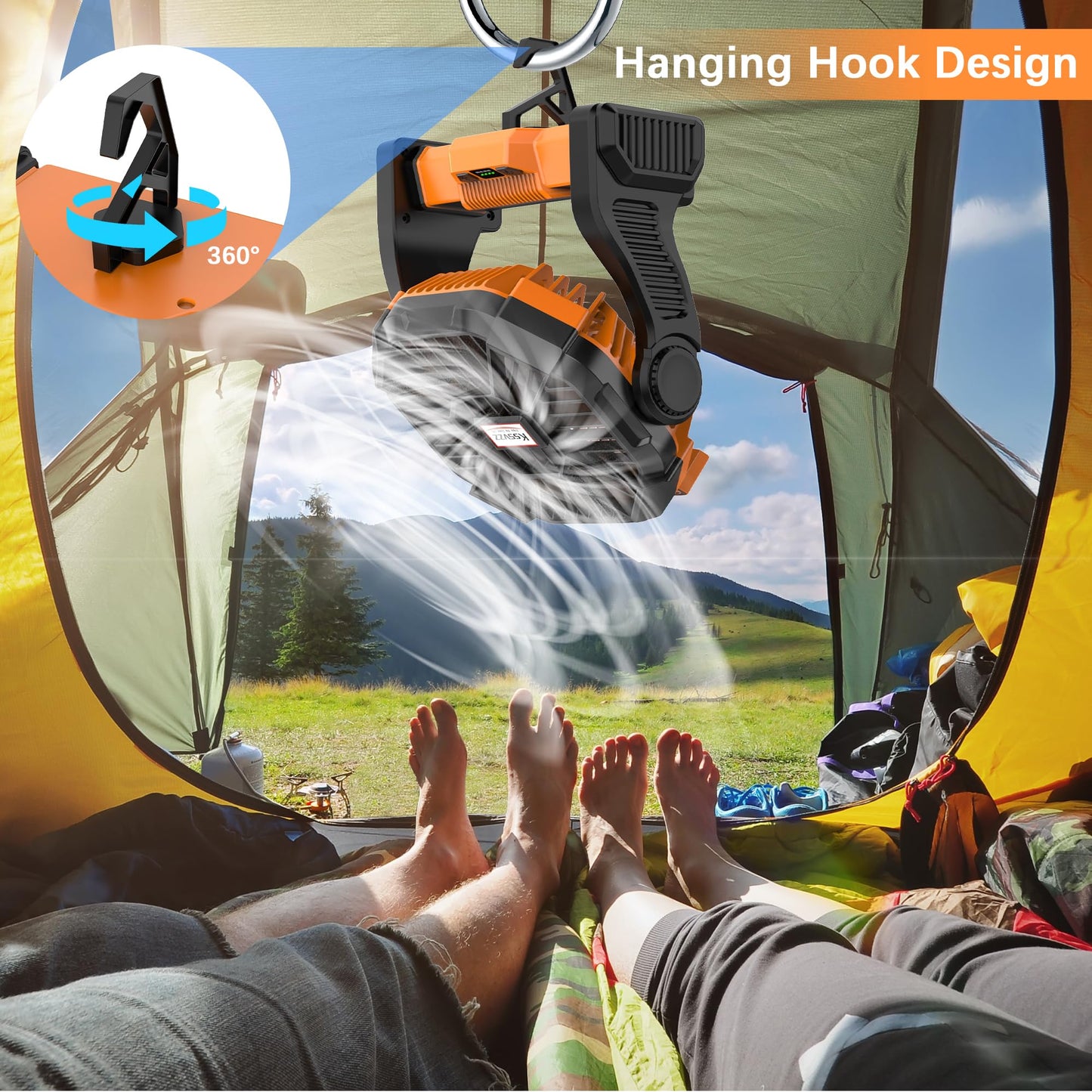 Kssvzz Portable Camping Fan with LED, 20000mAh Rechargeable Battery Powered Fan, 270°Pivot Personal USB Fan, 4 Speed Quiet Table Fan, 9’’ Battery Operated Tent Fan for Travel, Picnic(Orange)