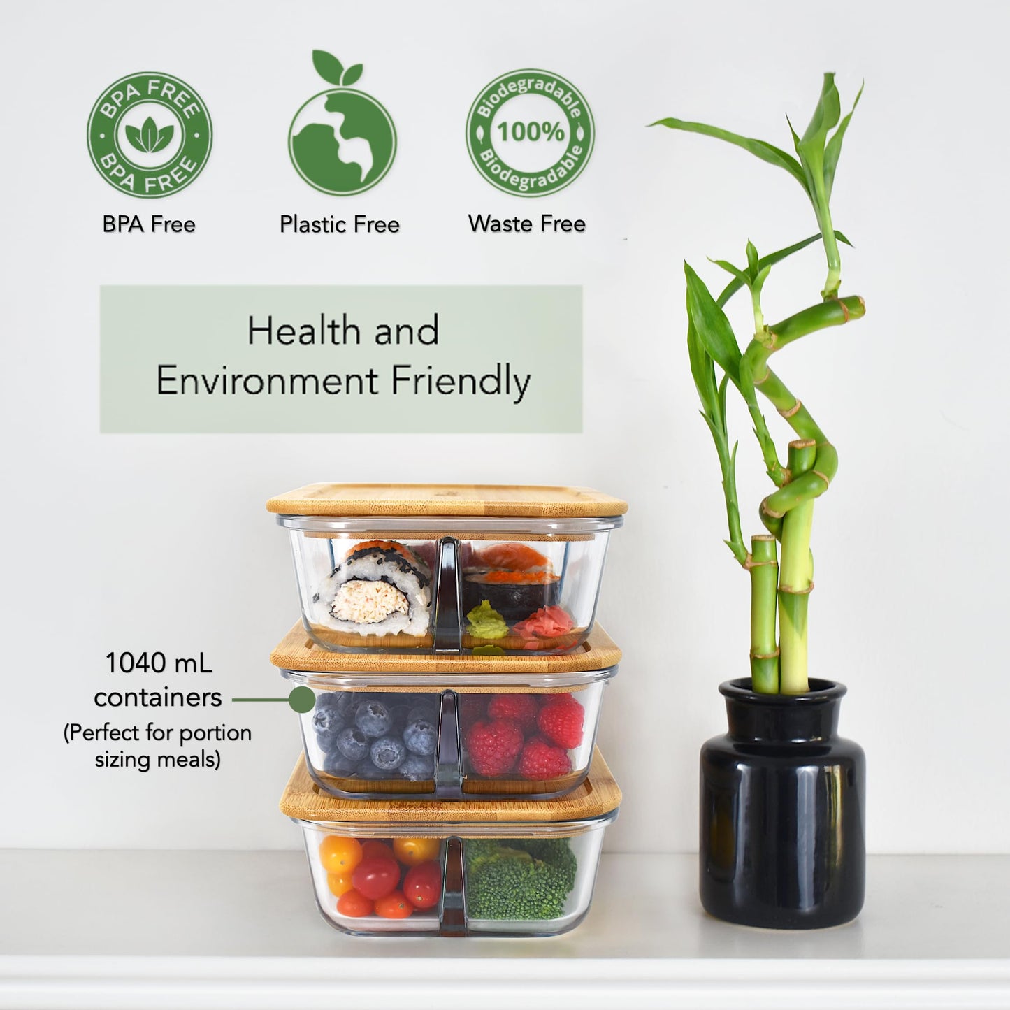 EcoPreps Glass Bento Boxes with Bamboo Lids, 3-Compartment Meal Prep Containers - 3 Pack, Eco-Friendly, Freezer Safe Glass Lunch Boxes