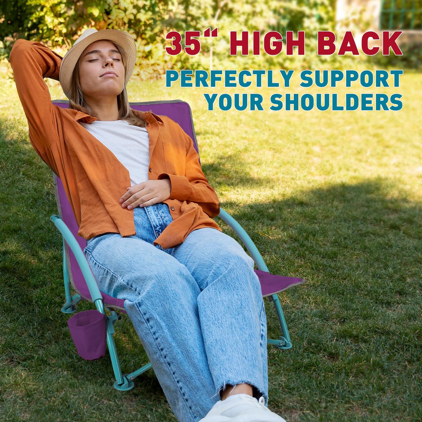 Northroad Low Folding Beach Chair,Portable Lightweight Lowback Sling Chair, Outdoor Low Seat Camping Chair w/Cup Holder & Carry Bag for Sand Camping Lawn Picnic Festival, Purple