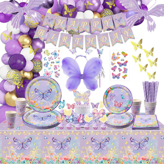 213 Pcs Purple Butterfly Decorations - Include Plates, Cups, Tablecloth, Balloon, Birthday Banner, Butterfly Stickers, Fairy Wing Set for Princess Fairy Birthday Decorations Supplies