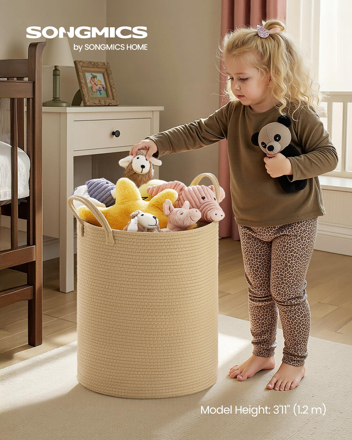 SONGMICS Laundry Hamper, Cotton Rope Laundry Basket with Handles, for Children, Toys, Clothing, Living Room, Bedroom, 60 L, 35 x 35 x 50 cm , Yellowish Brown URLH061KZ01