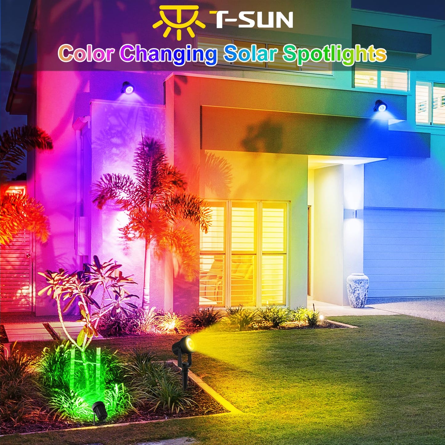 LINQELLY RGB Solar Spot Lights Outdoor 2Pack Color Changing Landscape Lighting IP65 Waterproof Auto Dusk to Dawn Spotlights Outside for Garden Yard Pathway