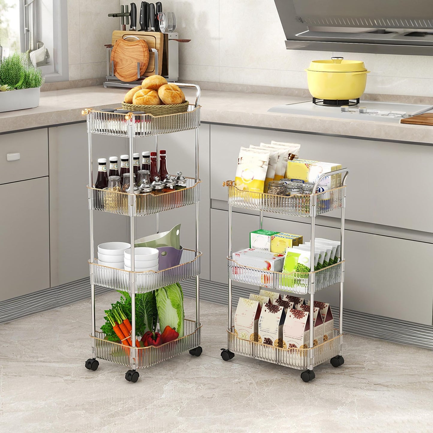 Acrylic Utility Cart, 2 Tier Rolling Trolley with Lockable Wheels Storage Organizer for Kitchen Bathroom Laundry Snack Book,Gold,2 Tier