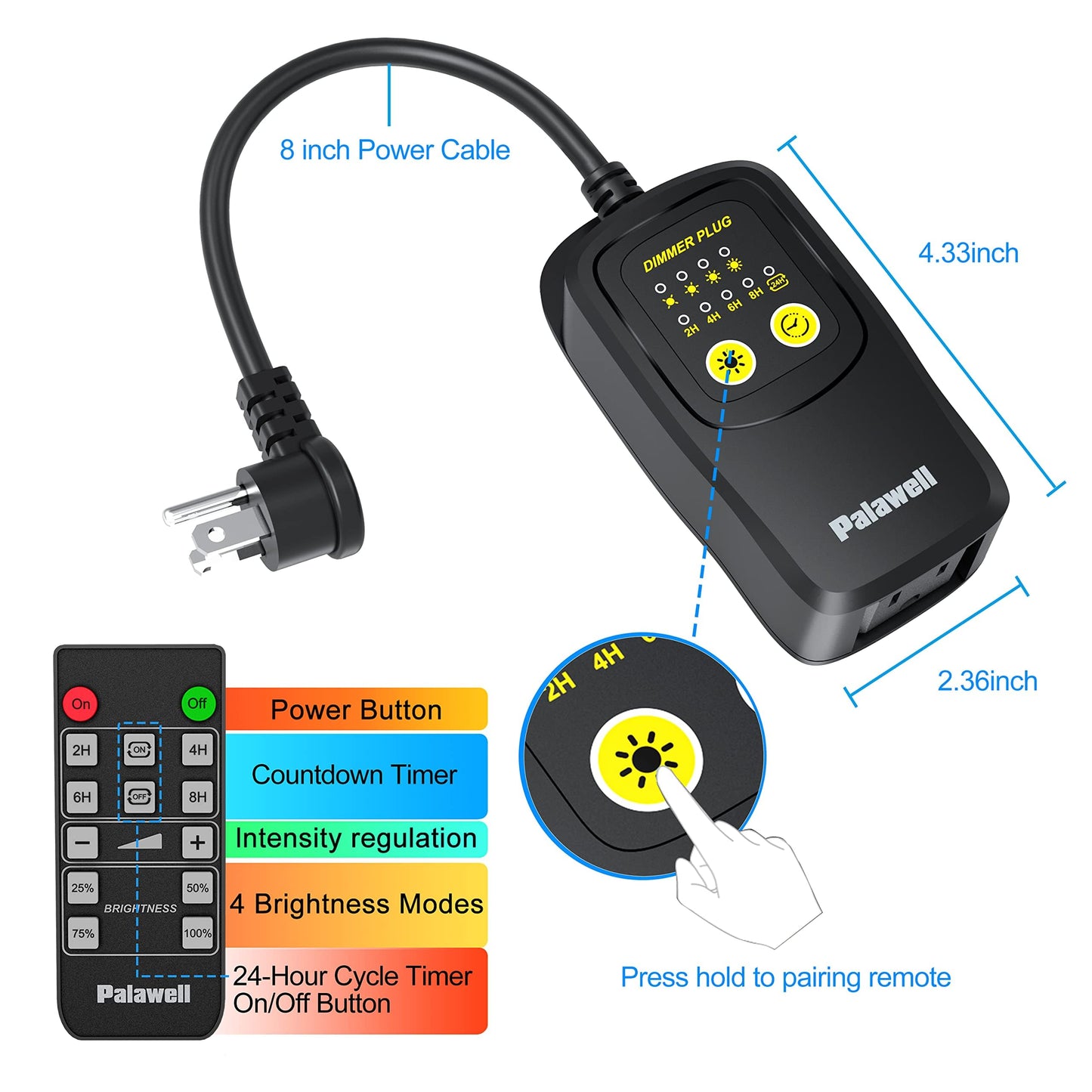 Outdoor Dimmer for String Lights, 560W Plug-in Dimmer Lights Switch with Timer & 24H Cycle, IP65 Waterproof Outdoor Dimmer Plug, 100FT Wireless Remote for LED Lights, Indoor Lamps & Christmas Décor