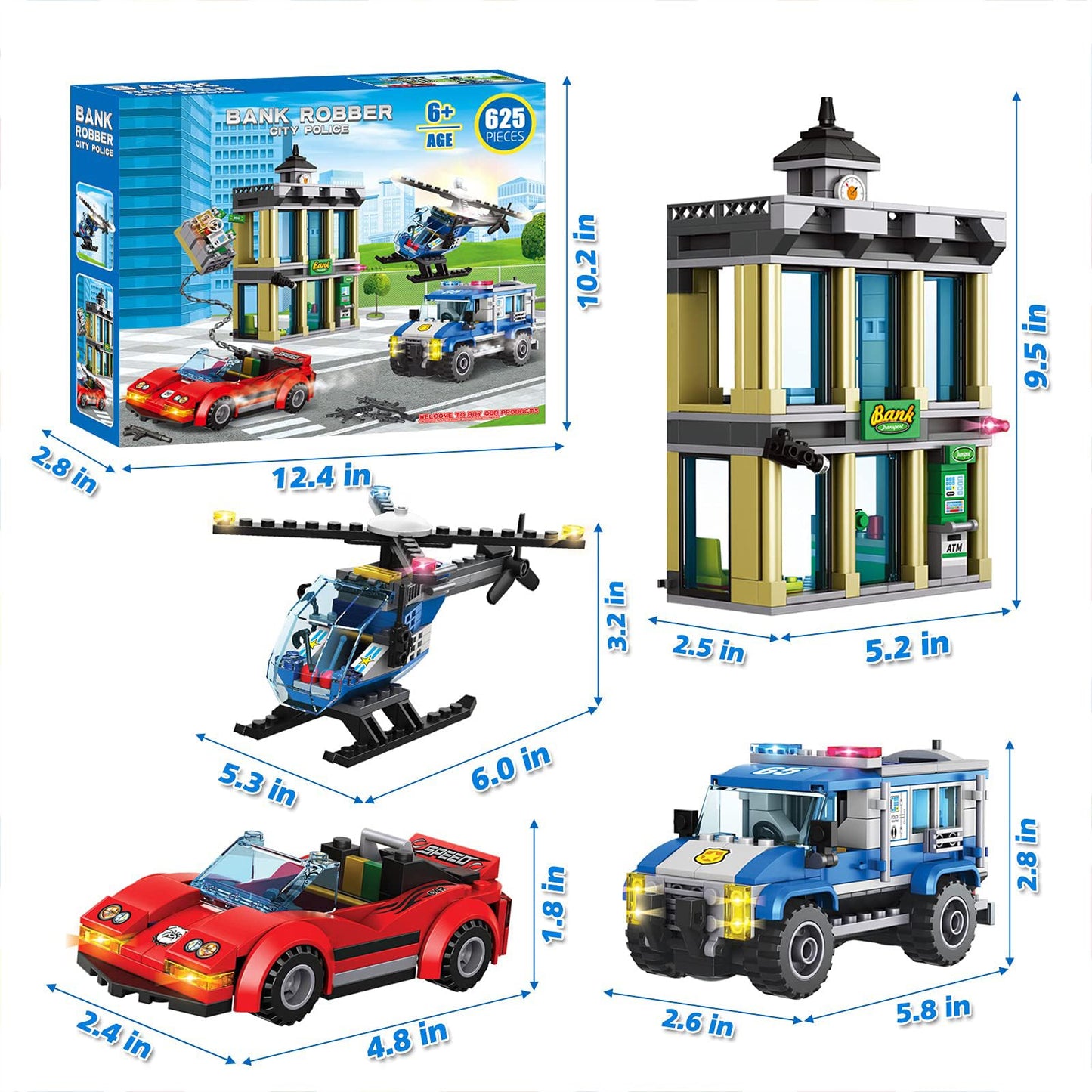 City Police Catch Thief Building Set with Cop Car, Bank, Helicopter, Getaway Sports Car, Fun Police Chase Toy for Kids, Best Learning & Roleplay STEM Toy Gift for Boys Girls Age 6+(625pcs)
