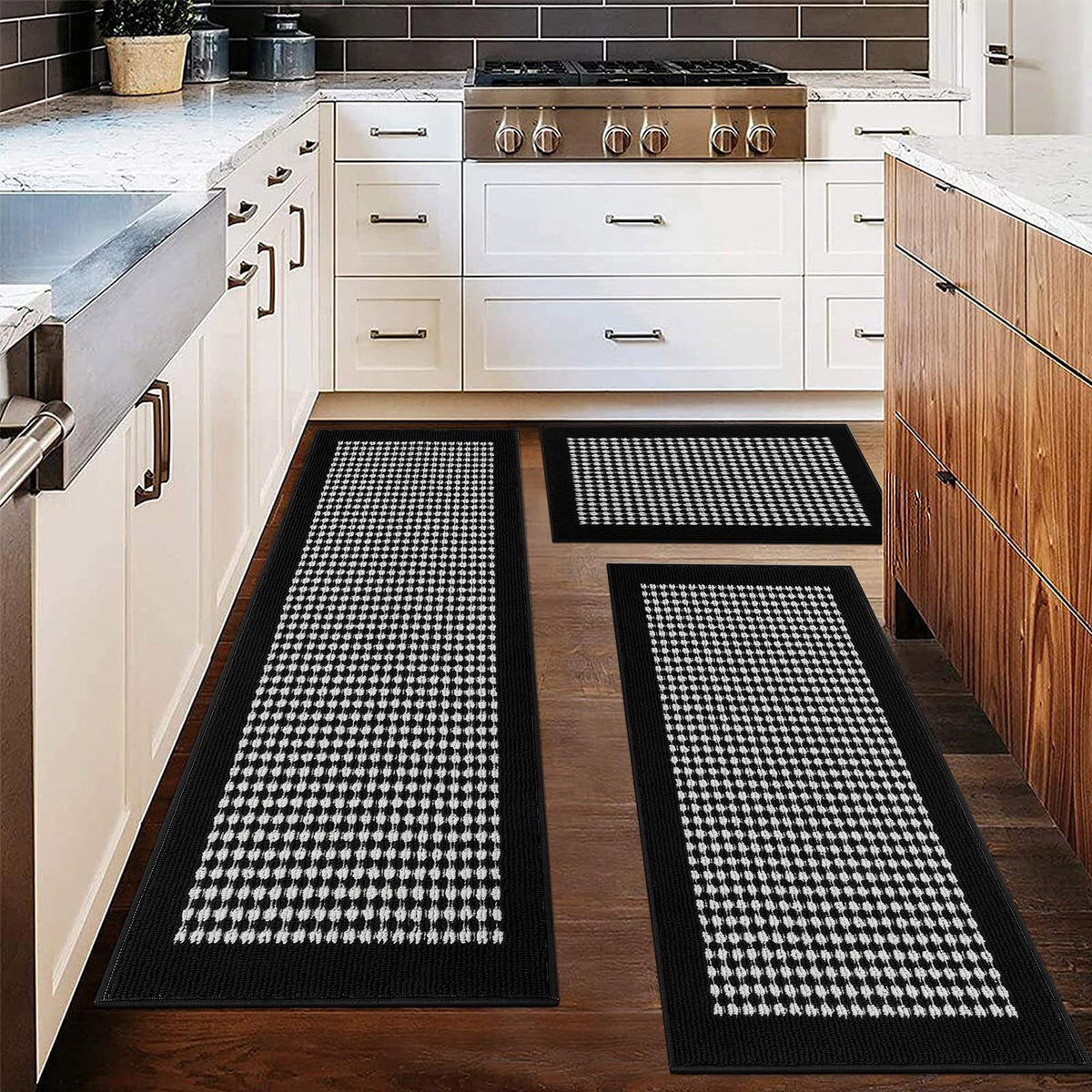 Ileading Kitchen Mat Sets 3 Piece Minimalist 3D Lattice Kitchen Floor Rugs with Non Slip Rubber Backing Machine Washable Farmhouse Runner Rugs for Laundry Hallway Doormat(Black)