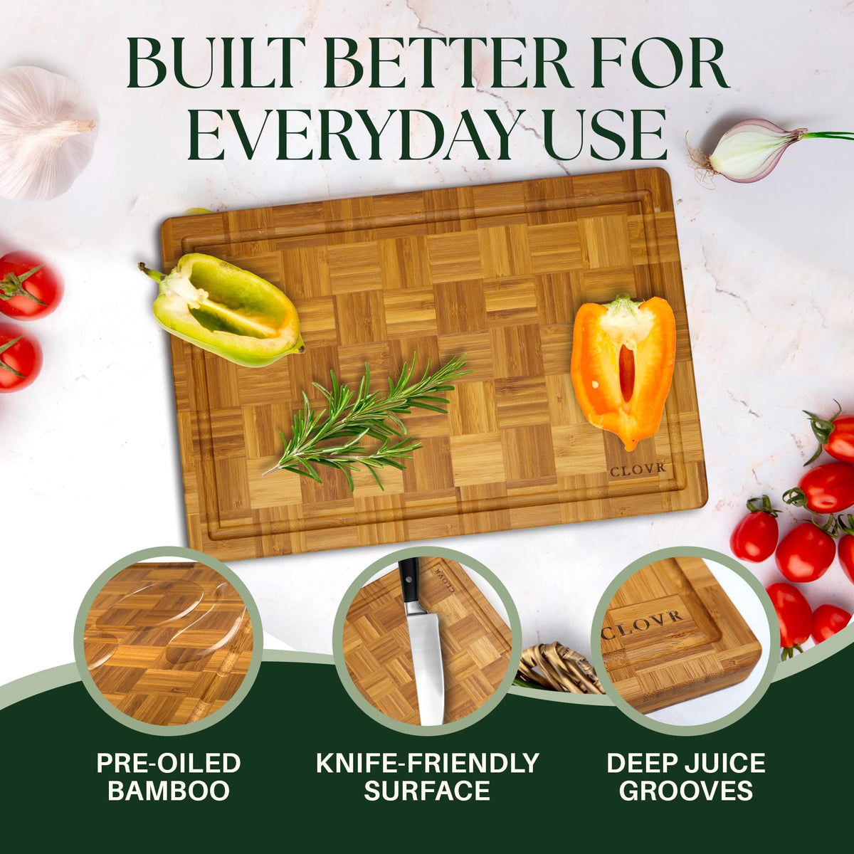 CLOVR End Grain Bamboo Cutting Board Set of 3 – Pre-Oiled Wood Cutting Boards for Kitchen with Handles, Juice Grooves & Non-Slip Pads – Small, Medium & Large Chopping Boards for Meat & Charcuterie