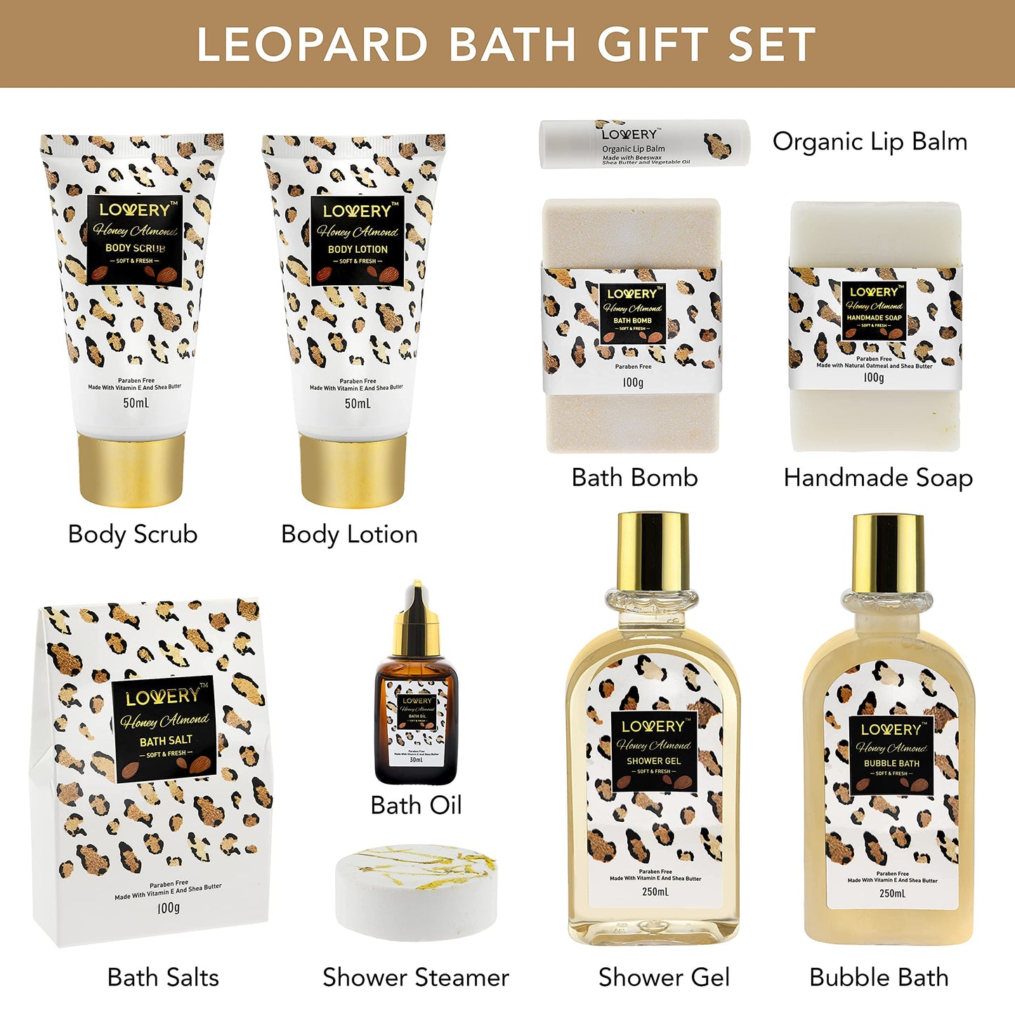 Home Spa Kit in Almond Scent - Bath Gift Basket with Vit E-Rich Bath Essentials - Tumbler, Ear Candles, Bath Oil, Salts, Shower Steamer, Organic Lip Balm & More in a Leopard Basket, 21Pcs