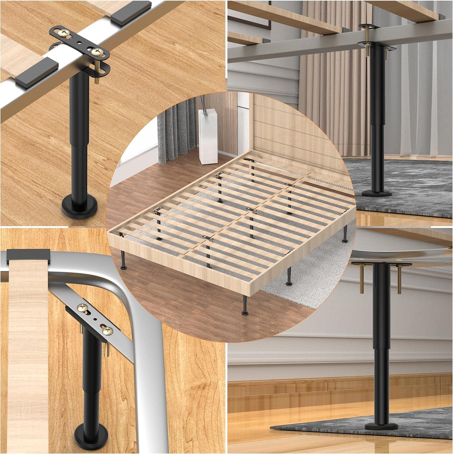 4 Pcs 7"-13" Adjustable Bed Legs, YELIKIT Adjust Height Bed Support Legs for Bed Frame/Bed Center Slat, Metal Adjustable Furniture Replace for DIY Furniture, Kitchen Cupboard Sofa Beds(18-33CM)