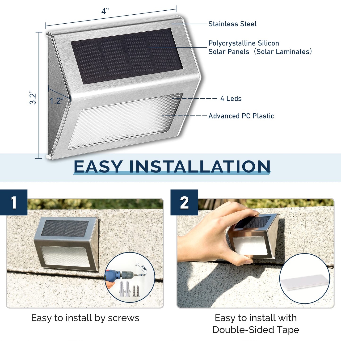 Solar Deck Lights, KASUN Super Bright LED Walkway Light Stainless Steel Waterproof Outdoor Security Lamps for Patio Stairs Garden Pathway (White Light - 12PCS)