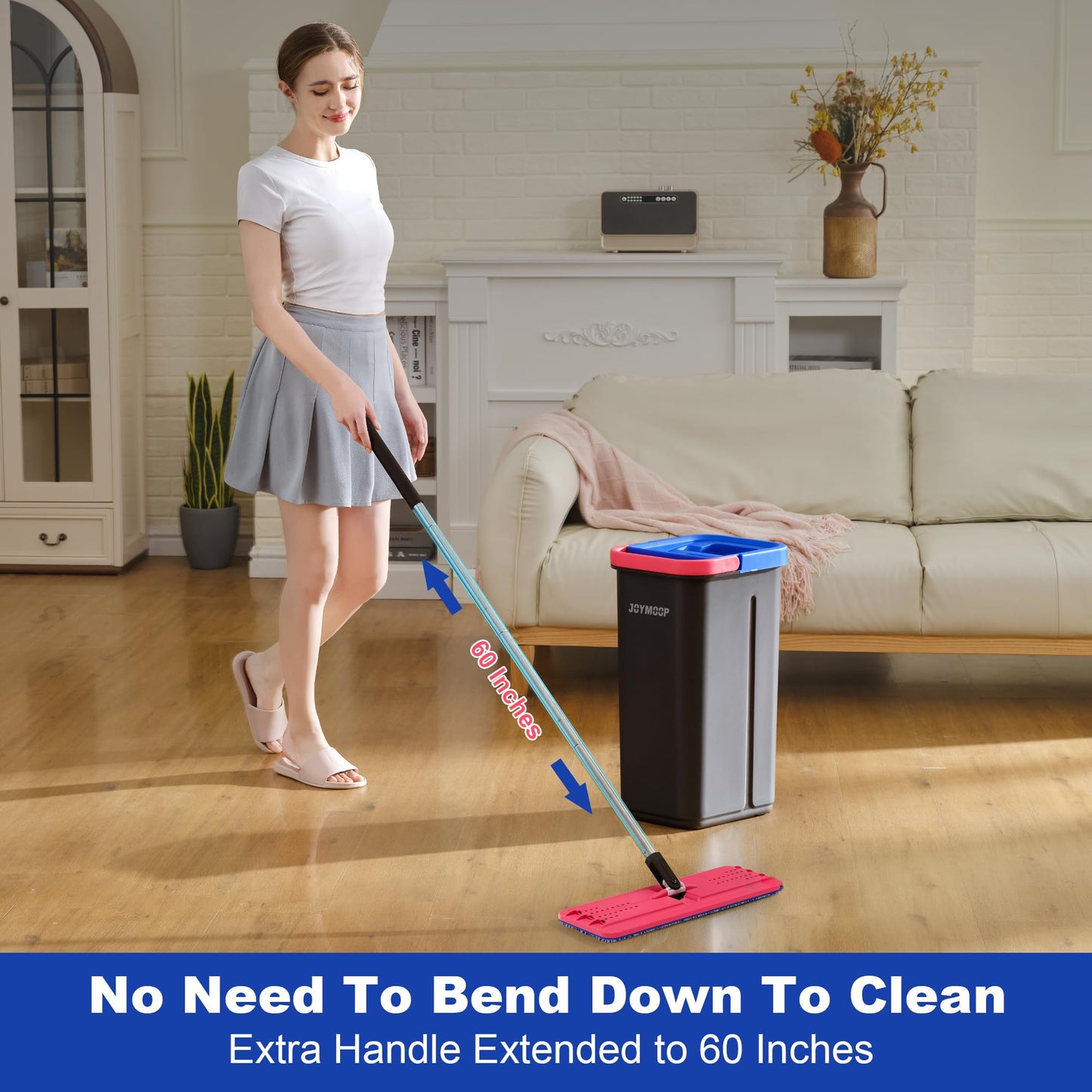 JOYMOOP Mop and Bucket Set for Home, Hands-Free Self-Cleaning System, with 3 Reusable Microfiber Mop Pads, Suitable for Floor Cleaning and Wall Cleaner - Black+Red+Slate Blue