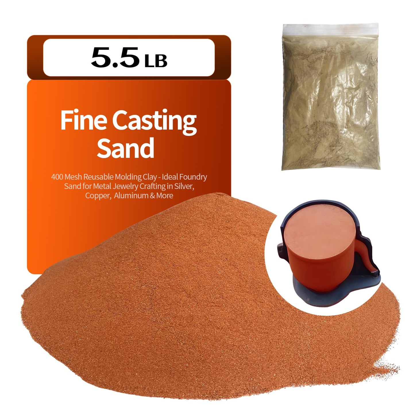 5.5 LB 400 Mesh Fine Casting Sand & 0.22 LB of Soil That Increases Viscosity,Reusable Molding Clay,Foundry Sand for Metal Jewelry Crafting Clay for Detailed Replicas