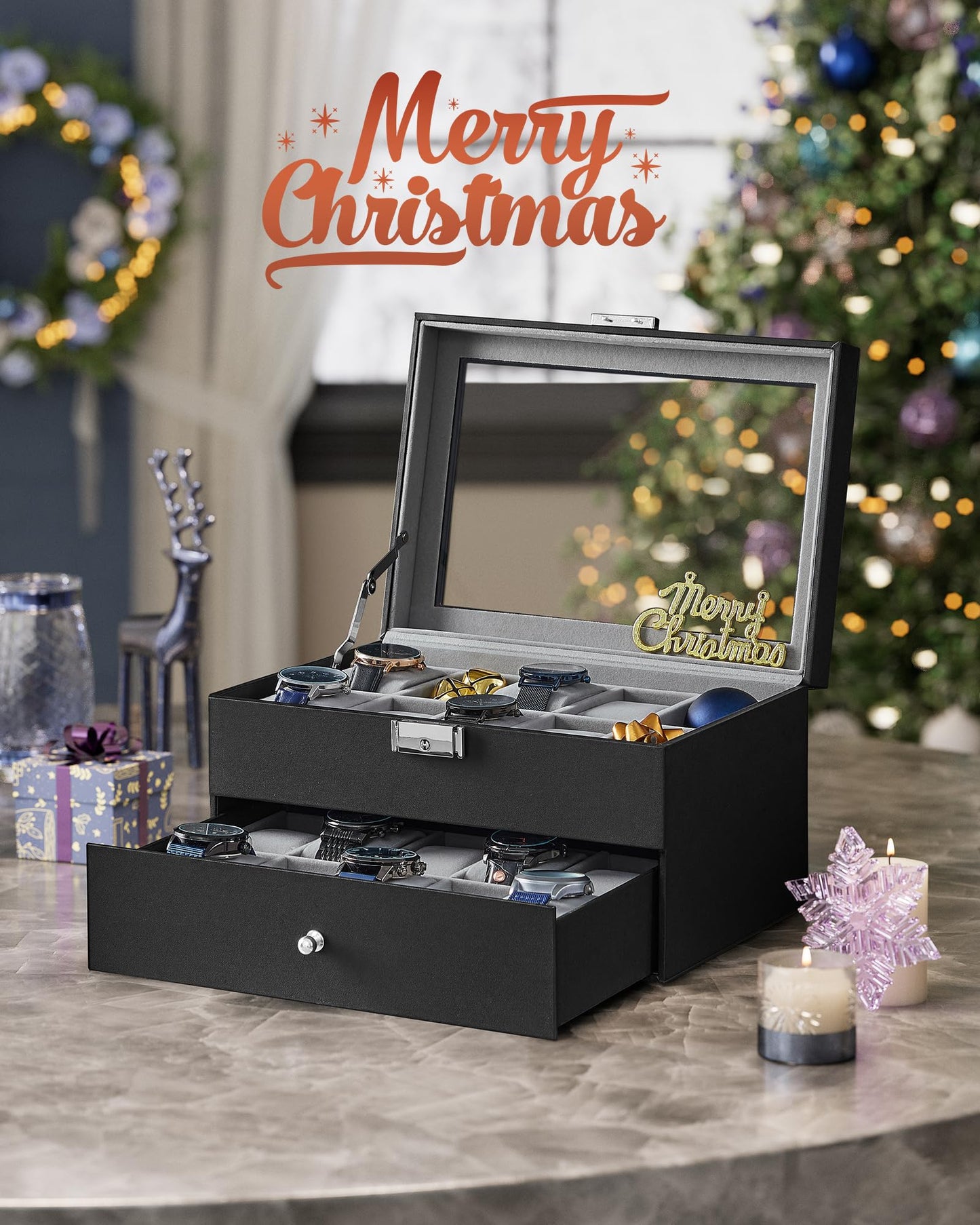 SONGMICS Watch Box, 20-Slot Watch Case Organizer with Large Glass Lid, Black Synthetic Leather, Gray Lining UJWB006V1