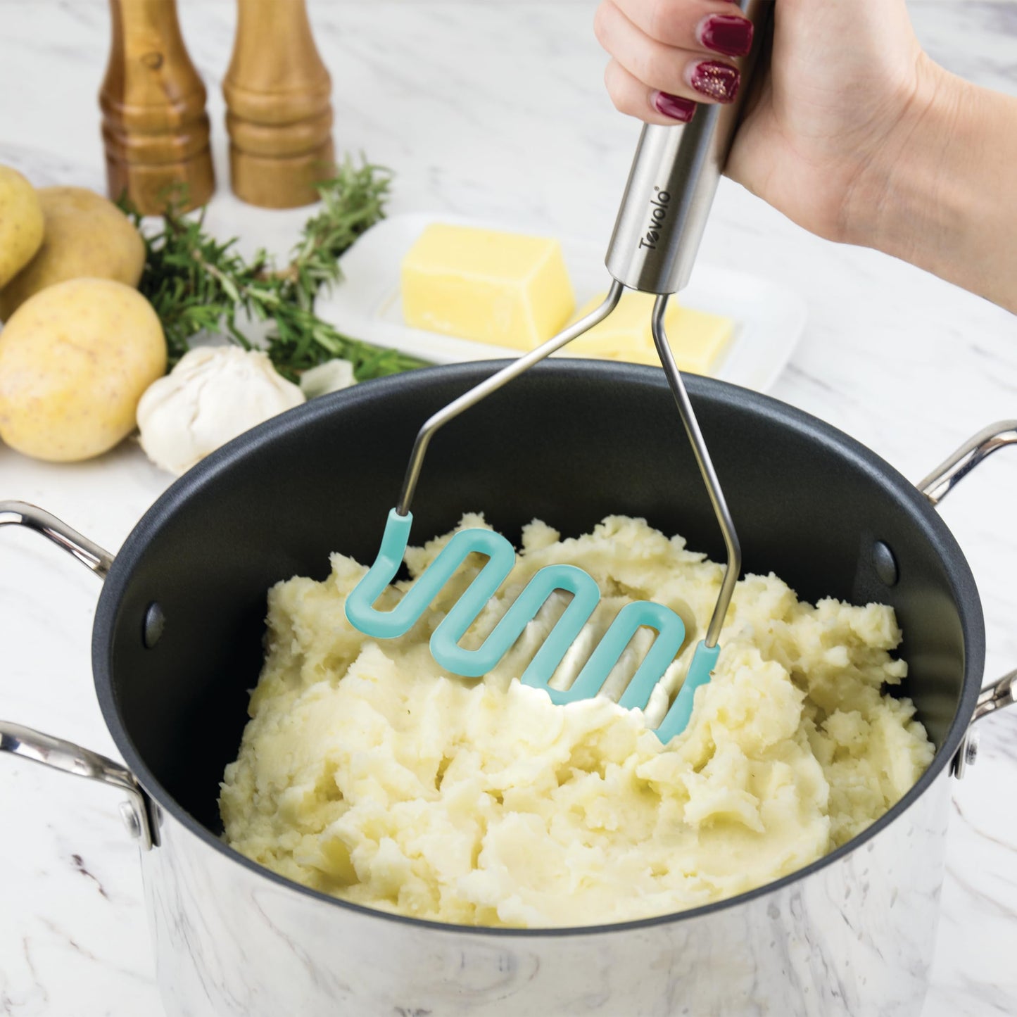 Tovolo Silicone Cooking Utensil Set of 6 Aqua Seafoam Green Ladle Slotted Turner Tongs Flex Core Spatula Scraper Mixing Spoon and Potato Masher, Dishwasher Safe Non Toxic BPA Free Kitchen Utensils
