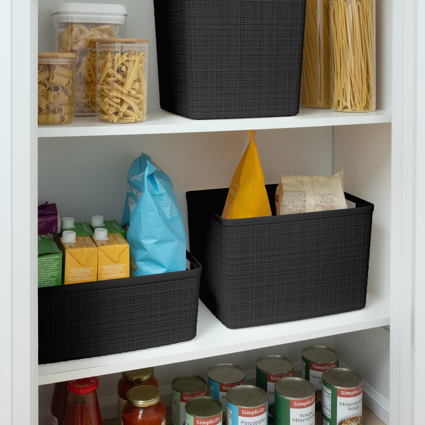 Curver Set of 4 Jute Large Decorative Plastic Organization and Storage Baskets Perfect Bins for Home Office, Closet Shelves, Kitchen Pantry and All Bedroom Essentials, Black