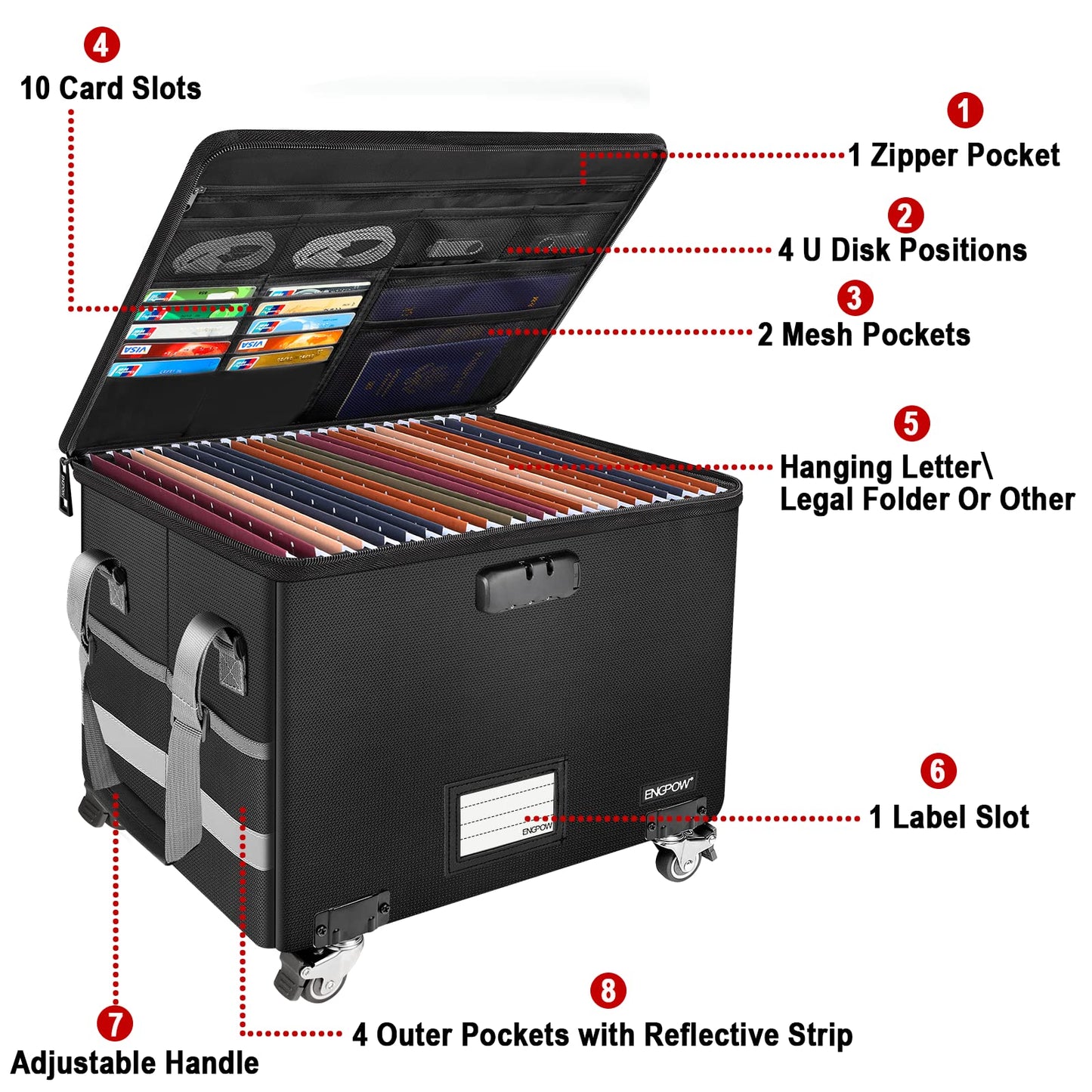 File Box with Wheels,ENGPOW Fireproof Document Box with Lock,Collapsible Rolling File Storage Organizer Box Filing Cabinet with Zipper Lid,Portable Home Office Safe for Hanging Letter/Legal Folder