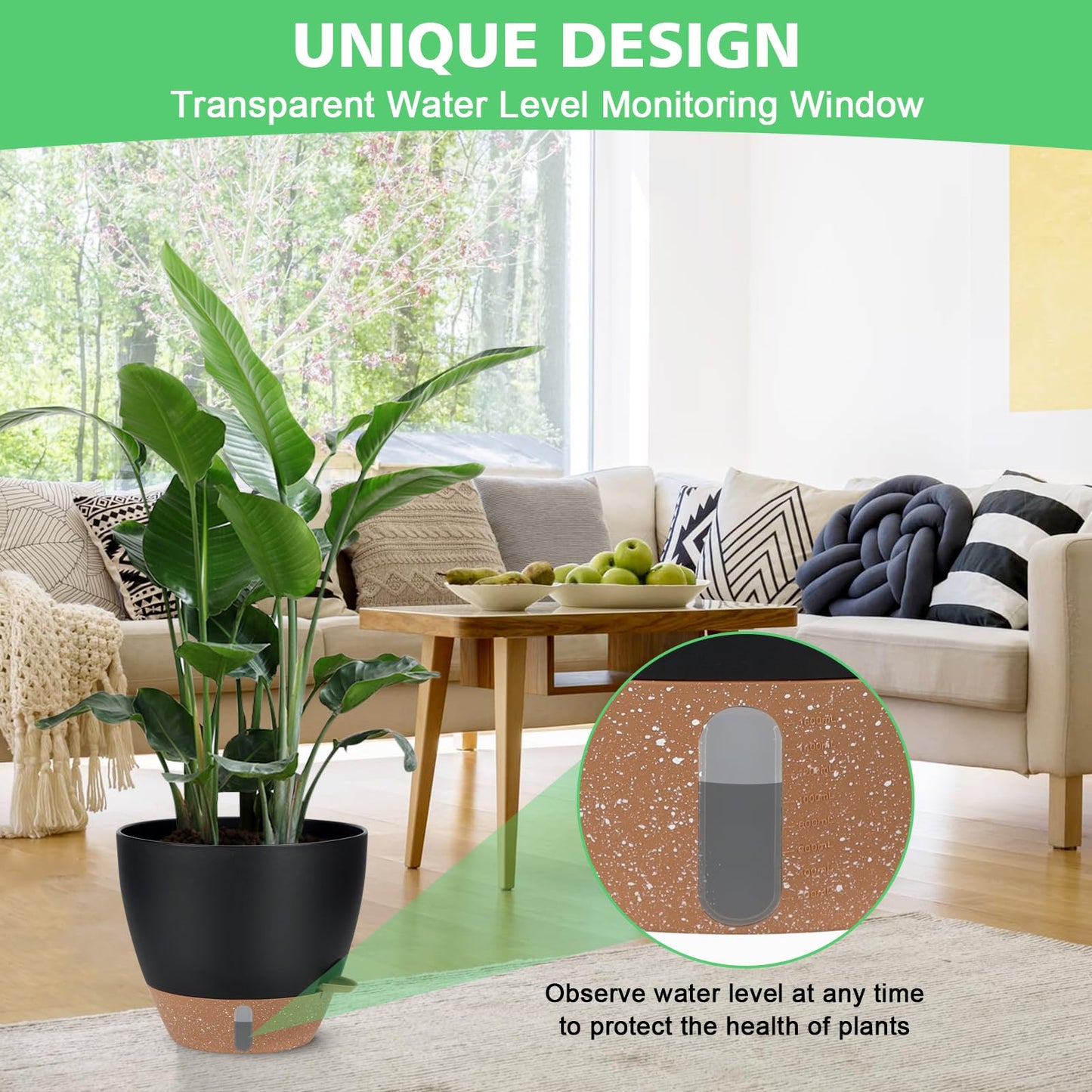 12" 10" 9" 8" Self Watering Pots with Water Level Indicator, Large Plastic Planters Set with Mesh Drainage Hole and Removable Saucer Reservoir, Big Flower Pot for Indoor Outdoor Plants - Black