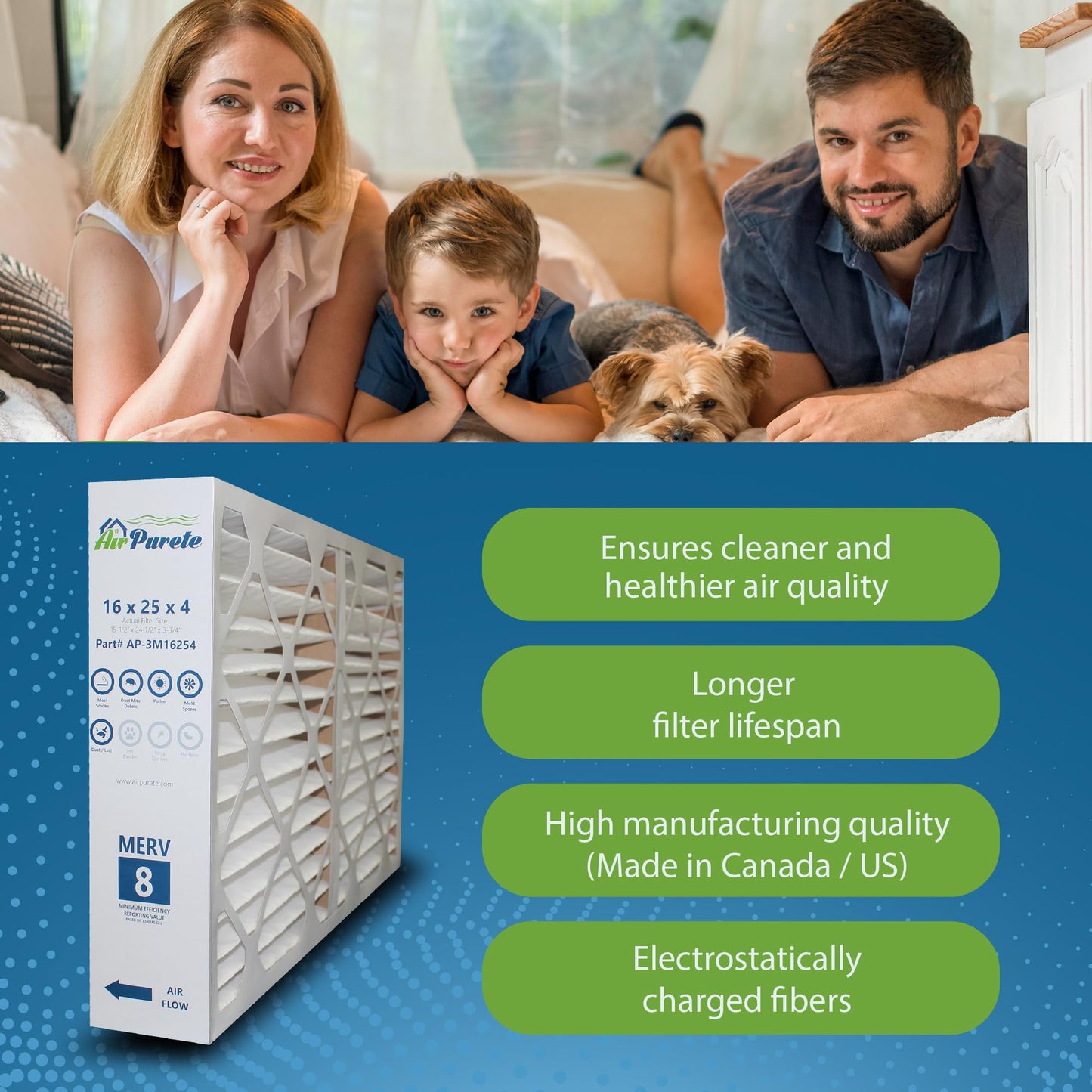 16x25x4 (3-3/4") Furnace Filter | AirPurete AP-3M16254 | Actual Size: 15-1/2" x 24-1/2" x 3-3/4" | MERV 8 | Pack of 4