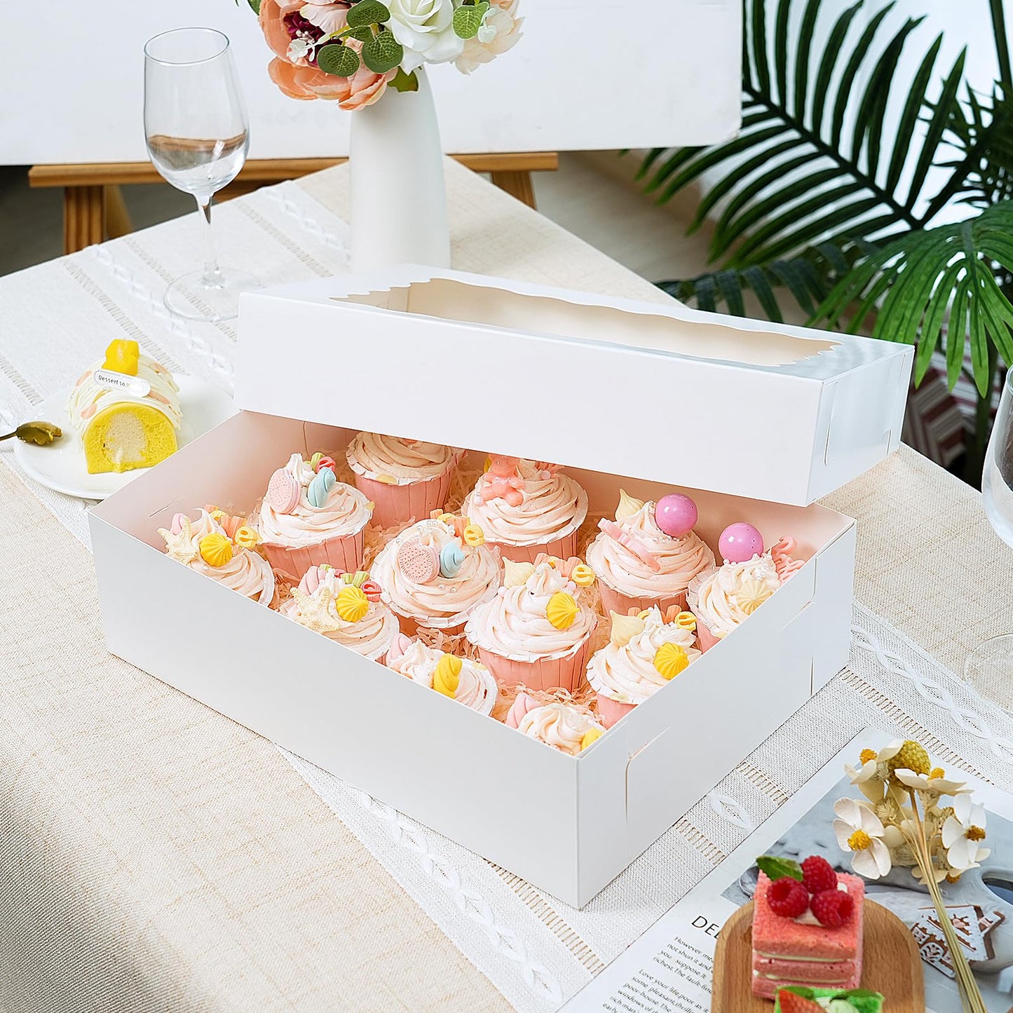Moretoes 40pcs 14x10x4in Cake Boxes, Quarter Sheet Bakery Boxes with Window, for Pastry Baking Cake, Cupcakes, Donuts, Cookies, Pie Treat Packaging White Large