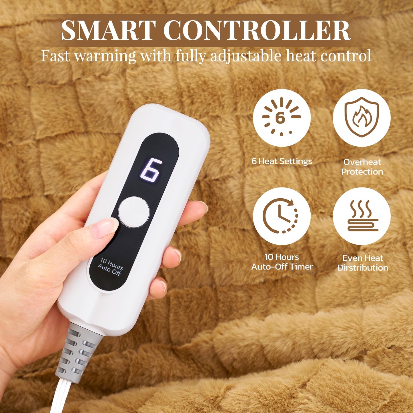 CURECURE Heated Blanket Full Size 72"x84", Soft Warm Faux Rabbit Fur Electric Blanket with 6 Heating Levels, 10 Hours Auto-Shutdown, Fast Heating, Home Use, Machine Washable, Gifts for Adults, Khaki