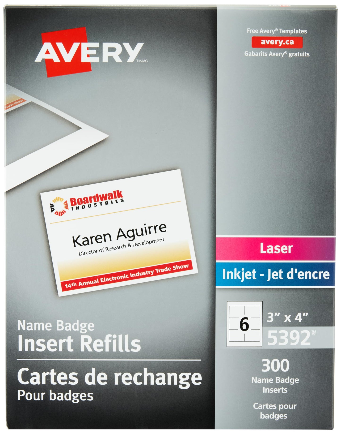 Avery Name Badge Inserts, 3" x 4", Print or Write, for Laser/Inkjet Printers, 300 Name Badge Insets, White (5392)
