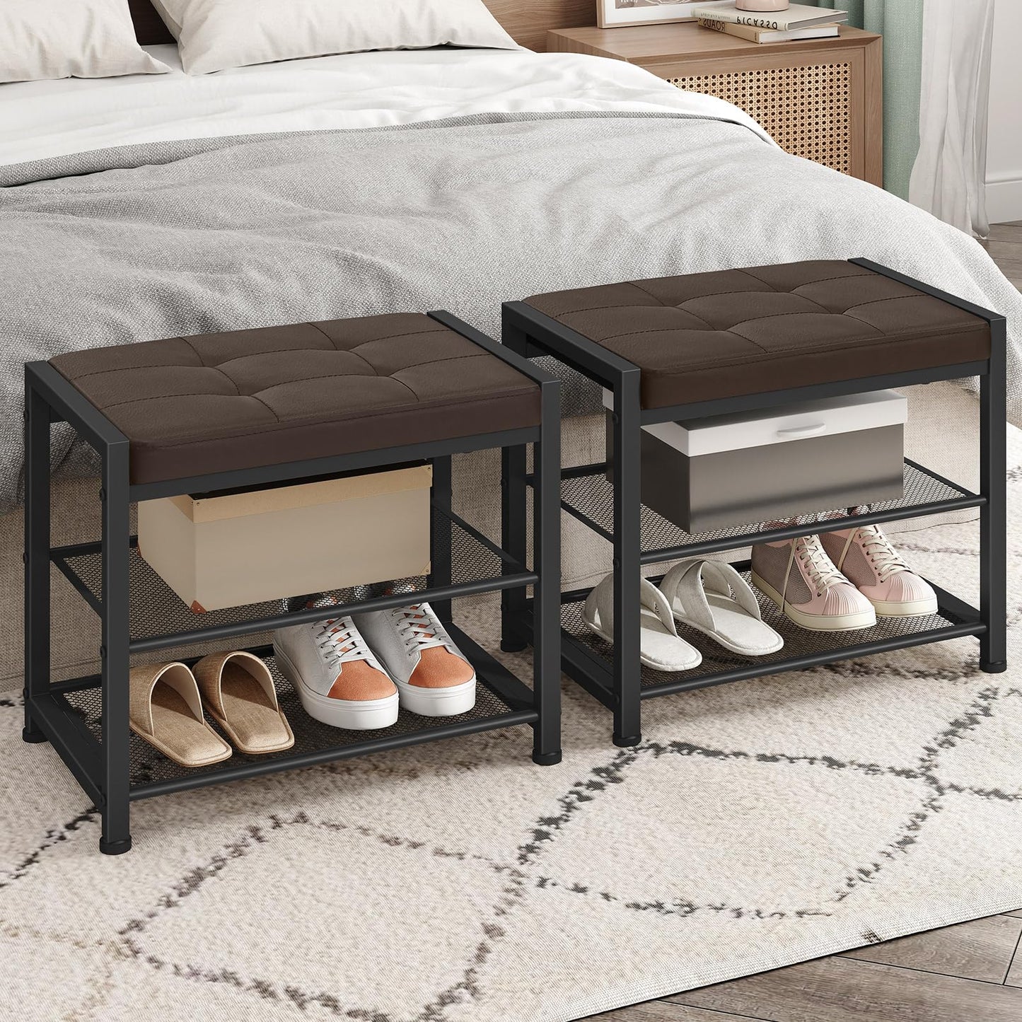 HOOBRO Small Shoe Bench, 3-Tier Shoe Rack, Shoe Storage Bench with PU Seat Cushion, Entryway Shoe Rack Bench with Metal Mesh Shelves, Freestanding Shoe Organizer for Hallway, Brown CB33HX01