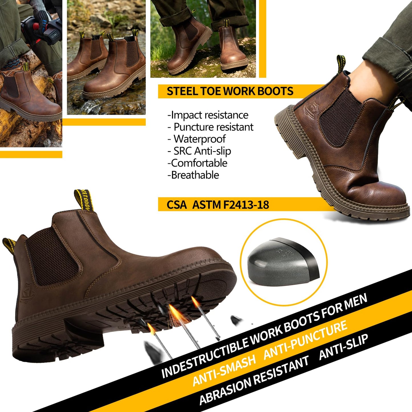 KELODON Waterproof Steel Toe Boots for Men-6 Inch Leather Slip On Safety Work Boots Mens Steel Toe Shoes Indestructible Non Slip Resistant Ankle Industrial Construction Boot,Brown,9