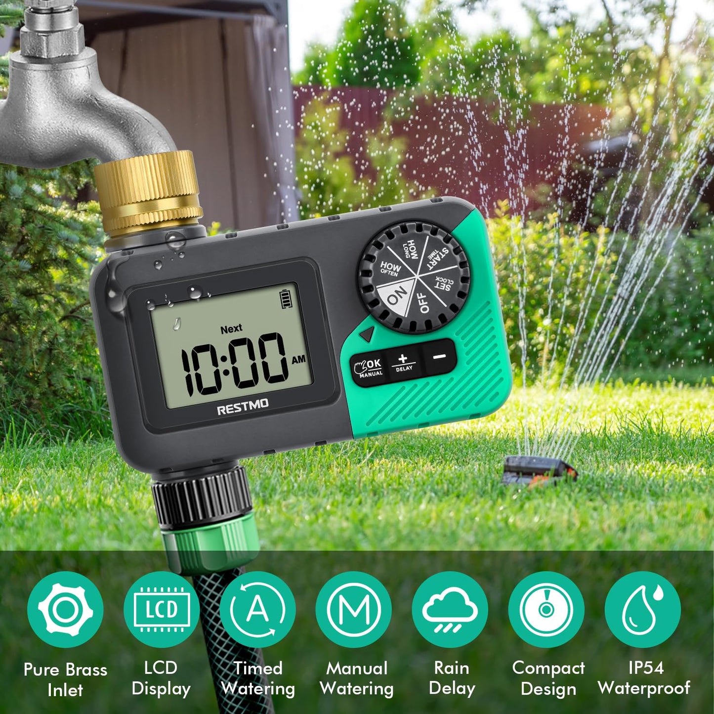 RESTMO Water Timer for Garden Hose, Programmable Sprinkler Timer with Brass Inlet, Rain Delay/Manual ON/Off/Automatic Irrigation Control, Hose Timer for Outdoor Faucet, Yard and Lawn Watering System