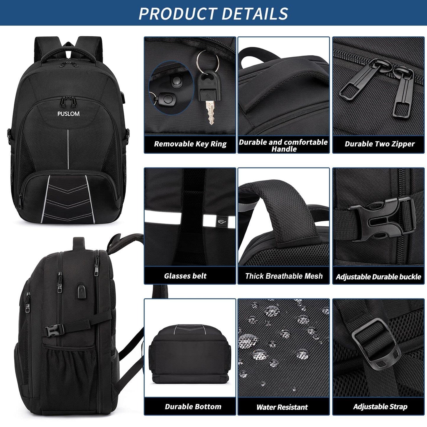 Extra Large Travel Laptop Backpack for Men 55L,Water Resistant 18.4 inch Big Business Laptop Bookbags with USB Charging Port,TSA Friendly Anti Theft Computer Bag for Work College School,Black