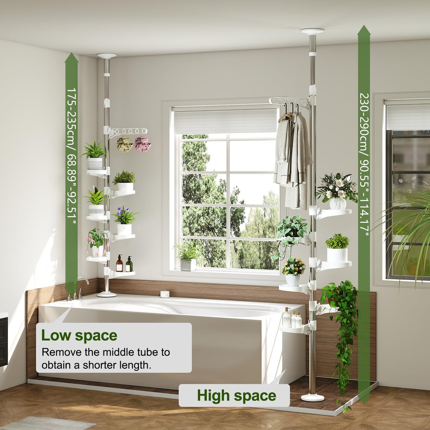 BAOYOUNI 7-Layer Indoor Plant Stands Spring Tension Pole Metal Flower Display Rack Space Saver Corner Floral Pot Hanger Shelf, Ivory