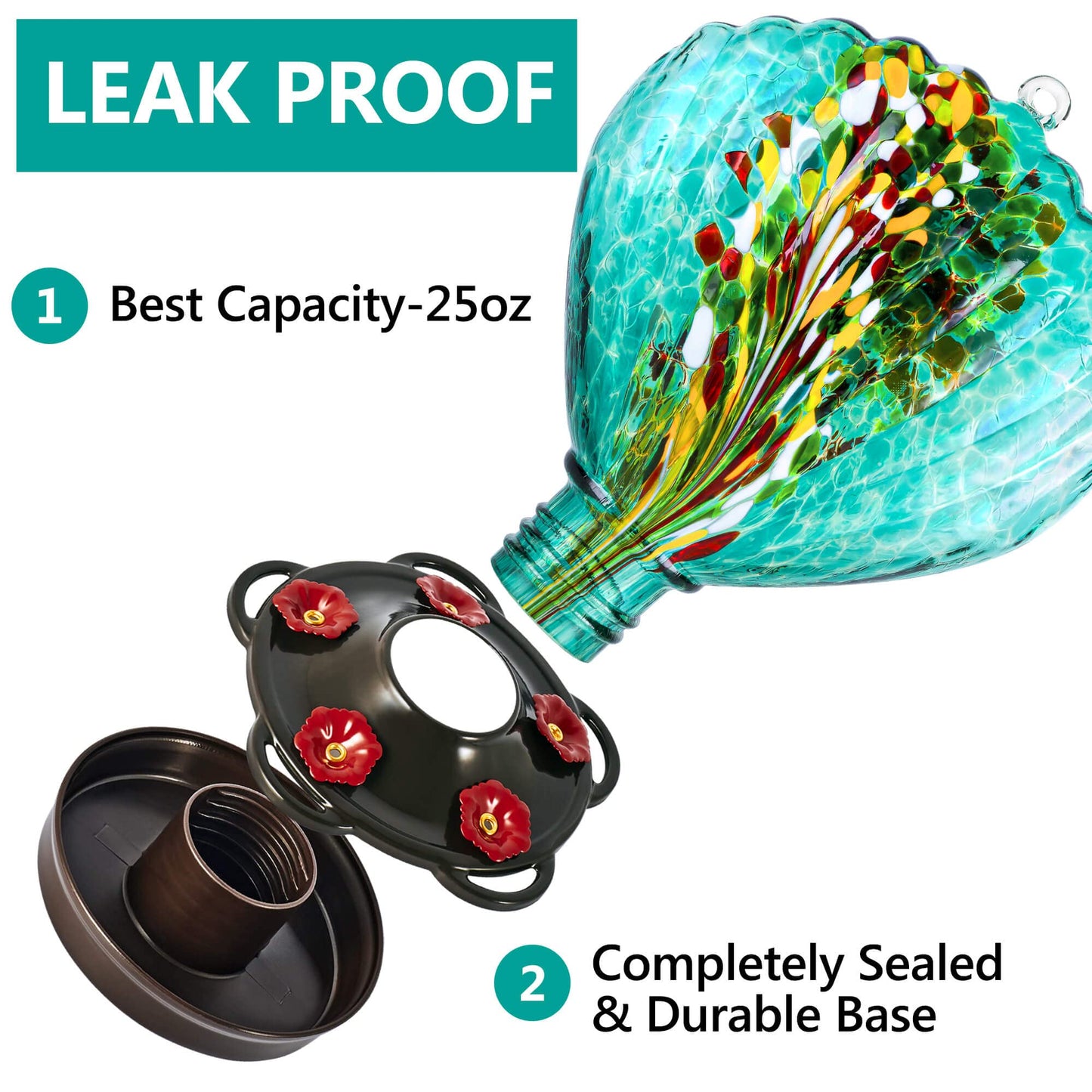 LUJII Seashell Shaped Hummingbird Feeder for Outdoors Hanging, Hand Blown Glass, Metal Base Cover, No Leak, 25 fl.oz, Unique Art Glass for Backyard & Outside Decor, Great Gift for Bird Lover, Teal