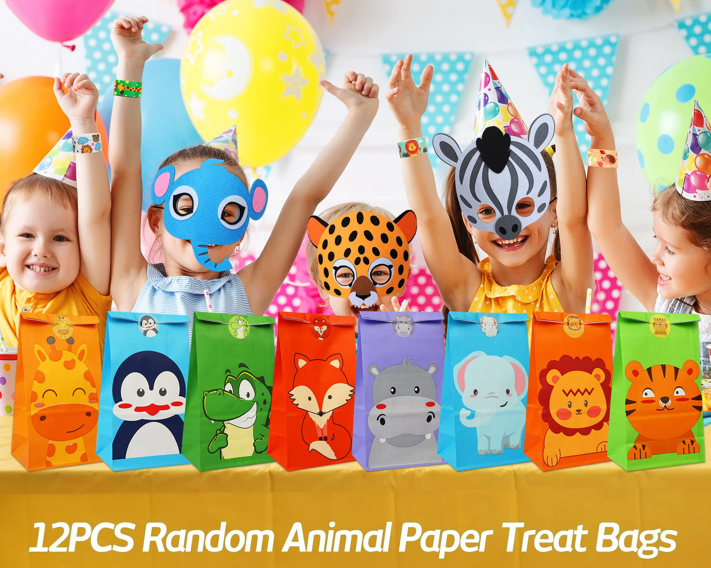 RichSmile 136PCS Jungle Safari Party Favors, Zoo Safari theme Birthday Animal Party Supplies with Treat Bags Slap Bracelets Animal Masks for Kids, Keychains,Stickers as Goodie Bag Fillers