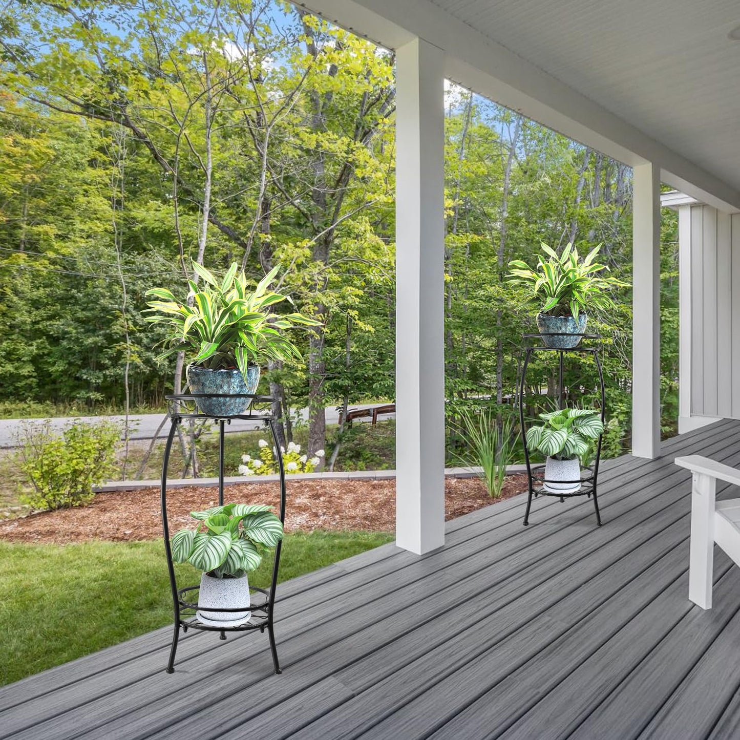 2 Pack Plant Stands Indoor,2 Tier Metal Tall Plant Stand Outdoor,Corner Potted Holder,Flower Stand,Rustproof Decorative Plants Shelf Rack for Patio, Living Room, Garden, 27.1'' ,Black