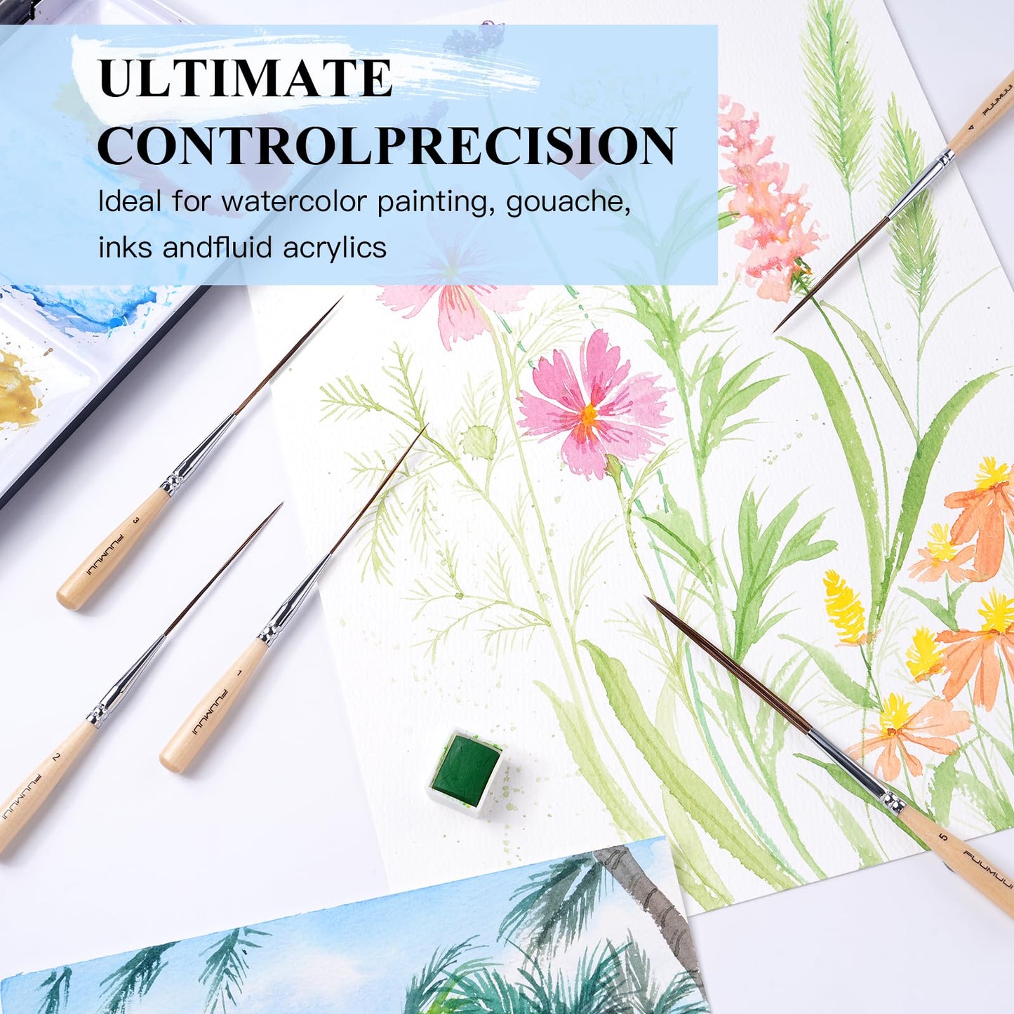 Long Liner Brushes, Fuumuui 5pcs Ox Ear Hair Detail Paint Brushes Extra Long Fine Point Tip Pinstriping Scroll Outlining Brush for Acrylic Watercolor Gouache