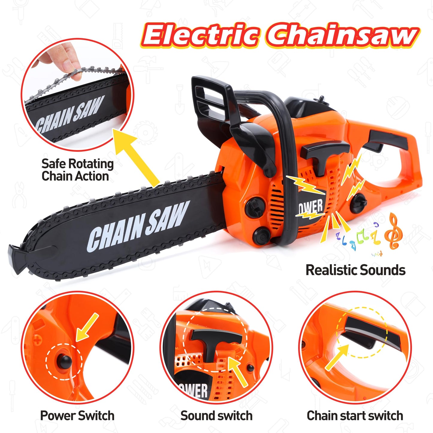 Skirtoy Toy Chainsaw for Kids, Pretend Play Series Kids Tool Set, Outdoor Electronic Chainsaw Toy Tools Set, Preschool Toddler Tool Set, Thanksgiving Birthday Family Day Gifts for Kids Boy Girls