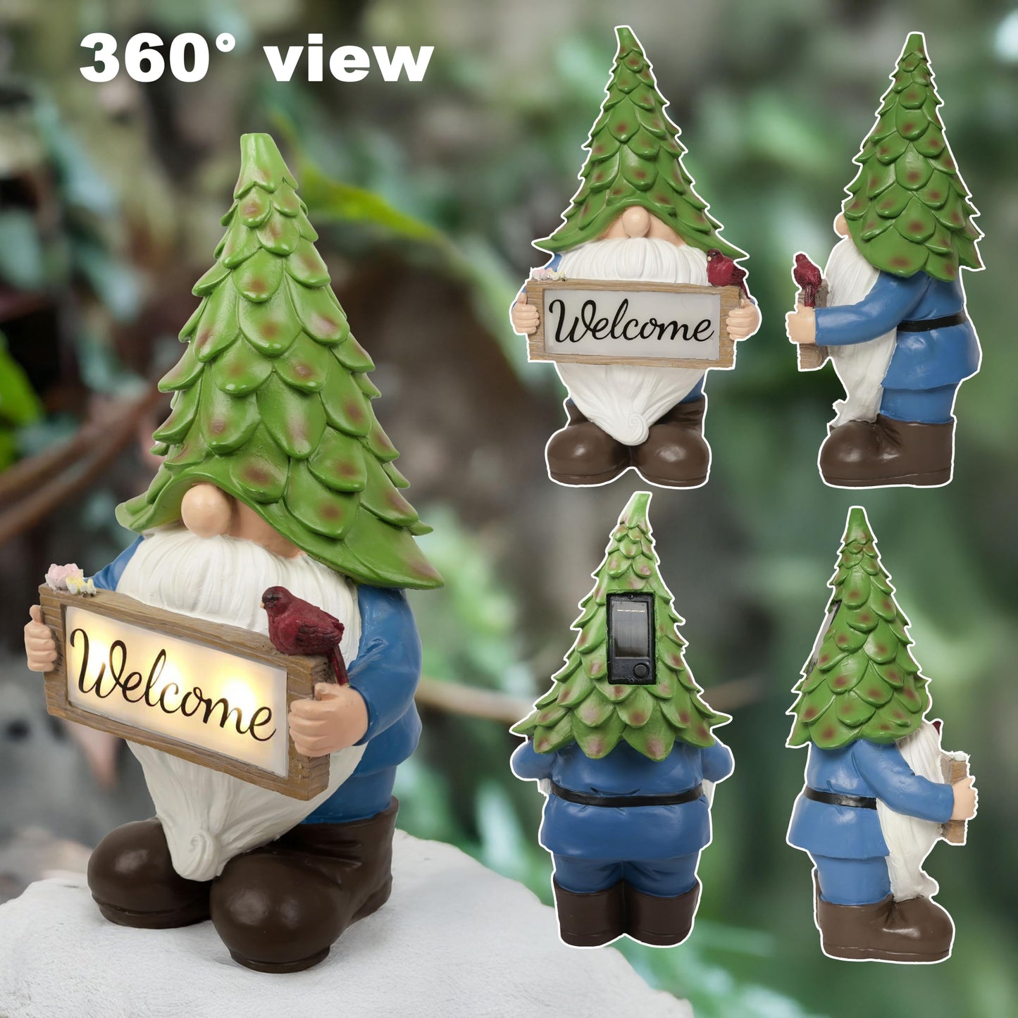 hvfun Large Garden Gnome Statue with Solar Lights, 13.5” Welcome Sign Gnome Outdoor Decor for Yard Lawn Patio, Funny Resin Gnome Sculptures, Gifts for Women Mom Grandma,Garden Decor Ornament