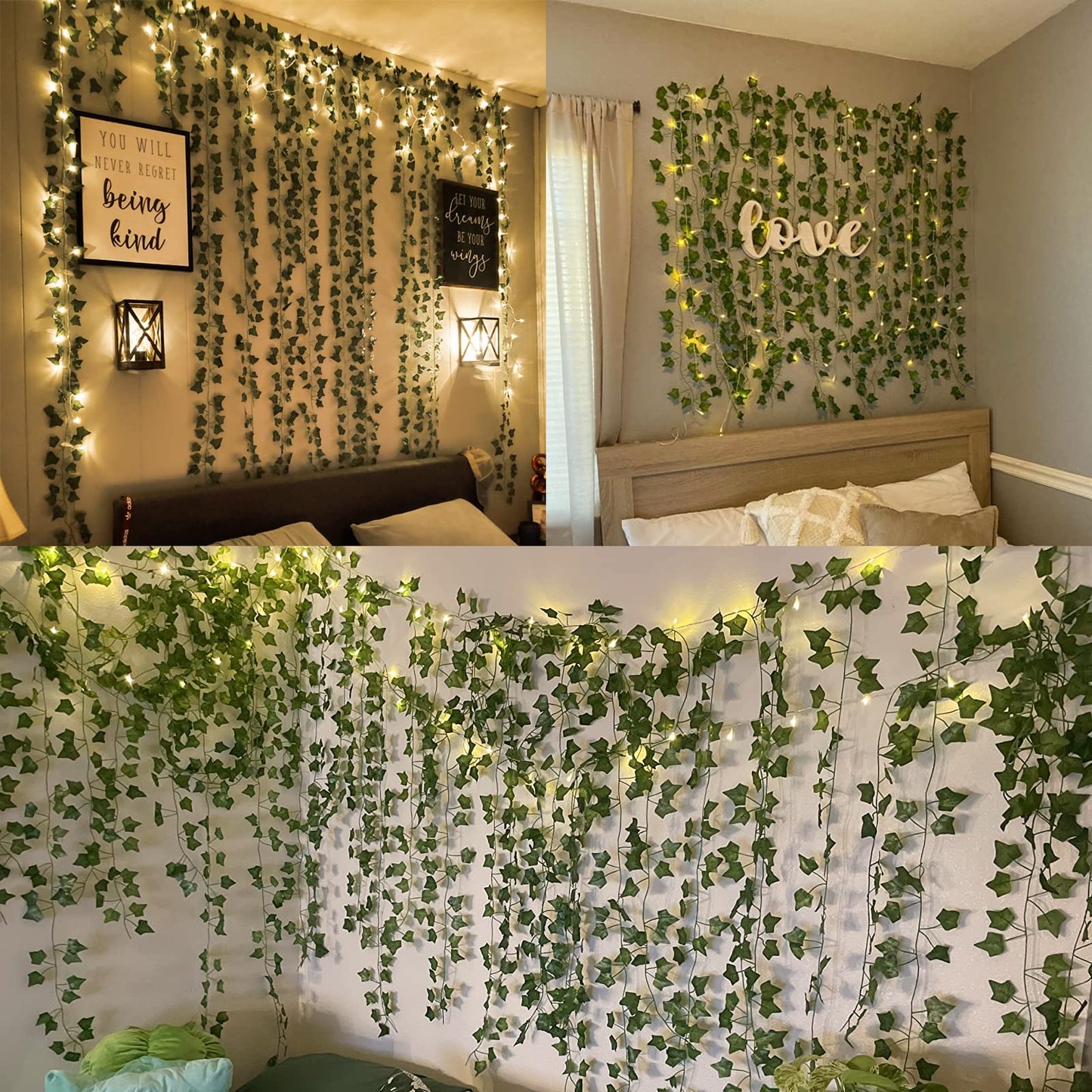 RECUTMS Ivy Fake Vines 24 Pack 173 FT Artificial Vine with 200 LED String Light Leaves Wall Decor Leaf Plants Greenery Garland Hanging Plant for Spring Aesthetic Room Garden Office Wedding Decorations