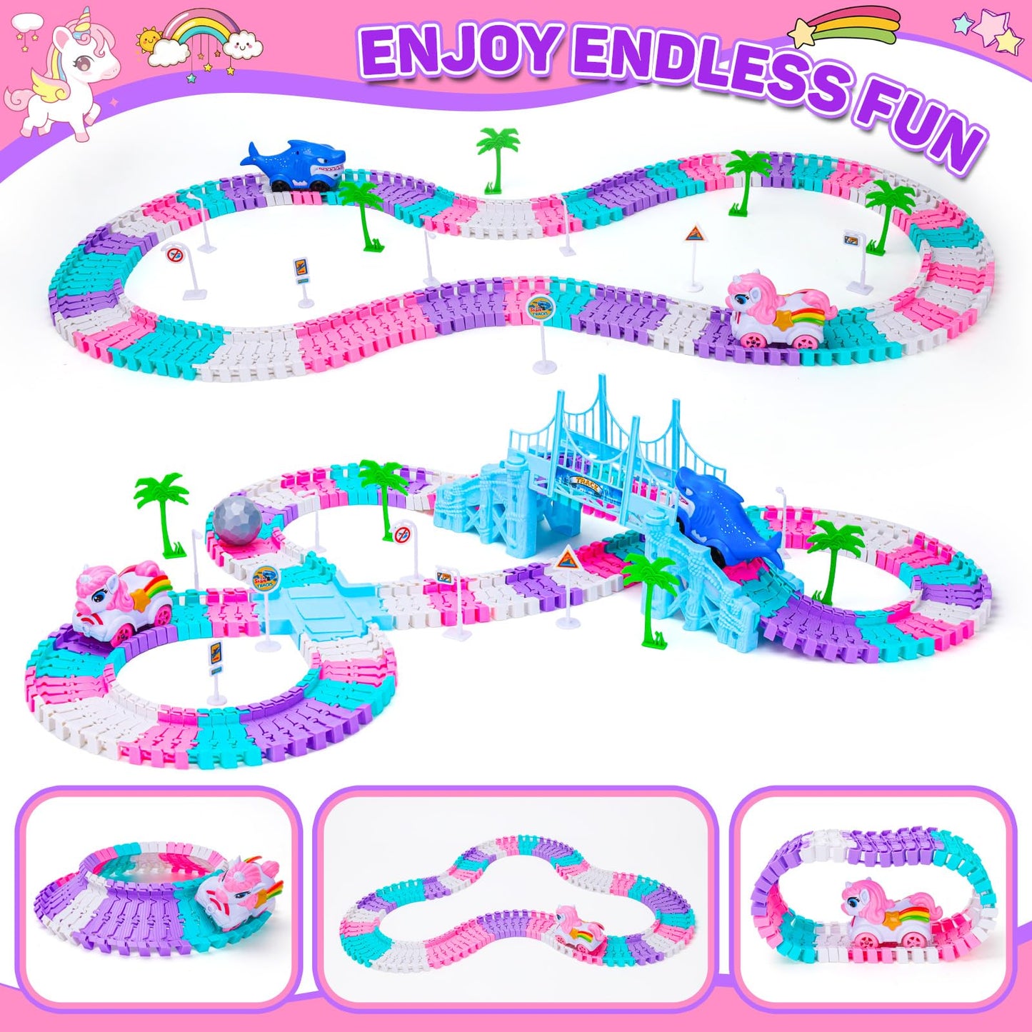 Race Track Toys for 3 4 5 Year Old Girls: Shark & Unicorn Gifts for Girls Kids Toys Age 4 5 6, Flexible Car Tracks Train Set Toddler Toy for 3 4 5 6 Year Old Girl Gifts Birthday Cadeau (194PCS)