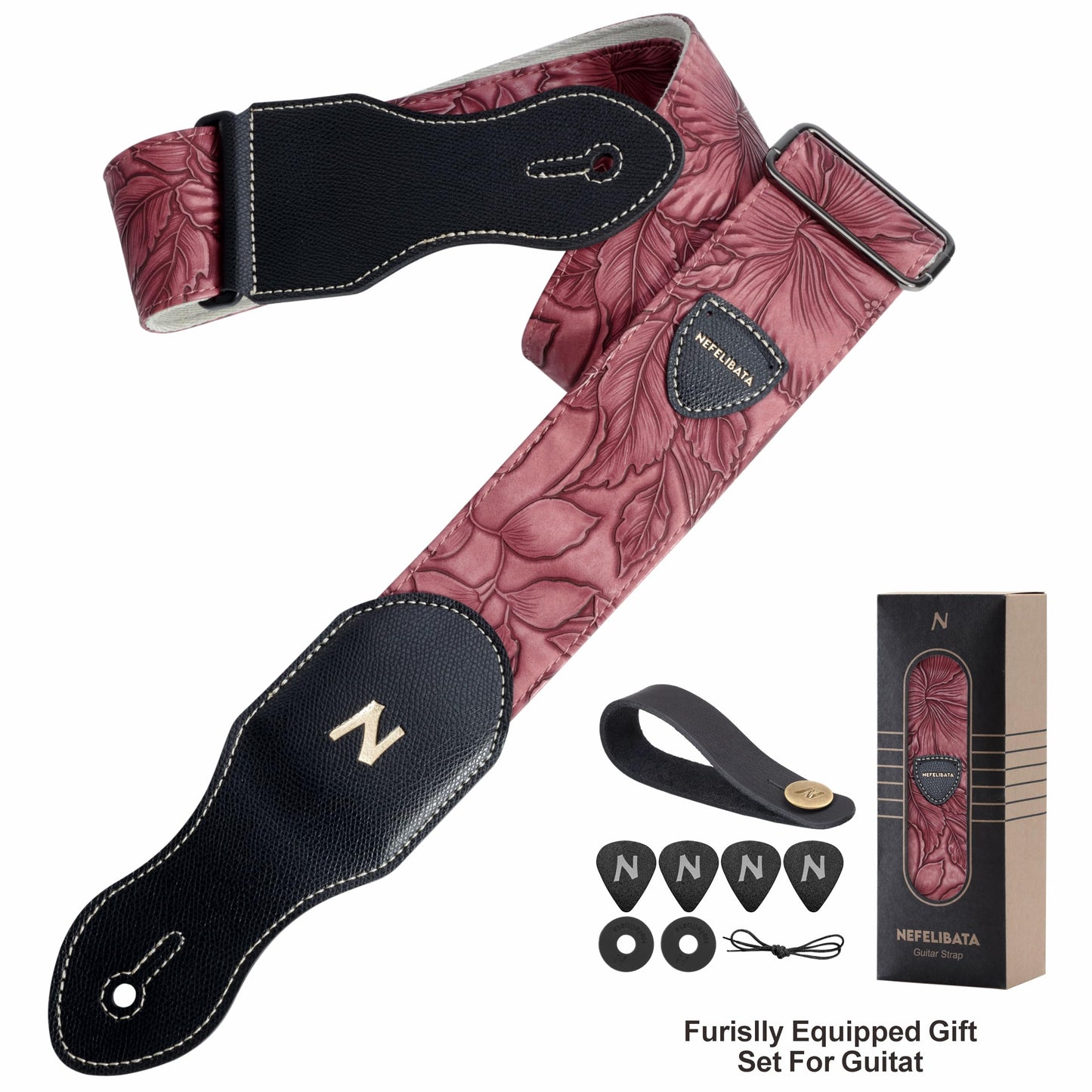 Nefelibata Guitar Strap with Pick Pocket,2.3 inch Porter Style Leather Carving Guitar Straps with Leather Ends,60s Vintage Style Include Guitar Picks,Strap Button and Strap Locks (Red)