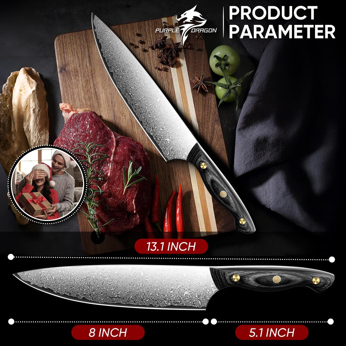 Purple Dragon Chef's Knife - Hand Forged Kitchen Knife, Full Tang Carbon Steel Chef Knife