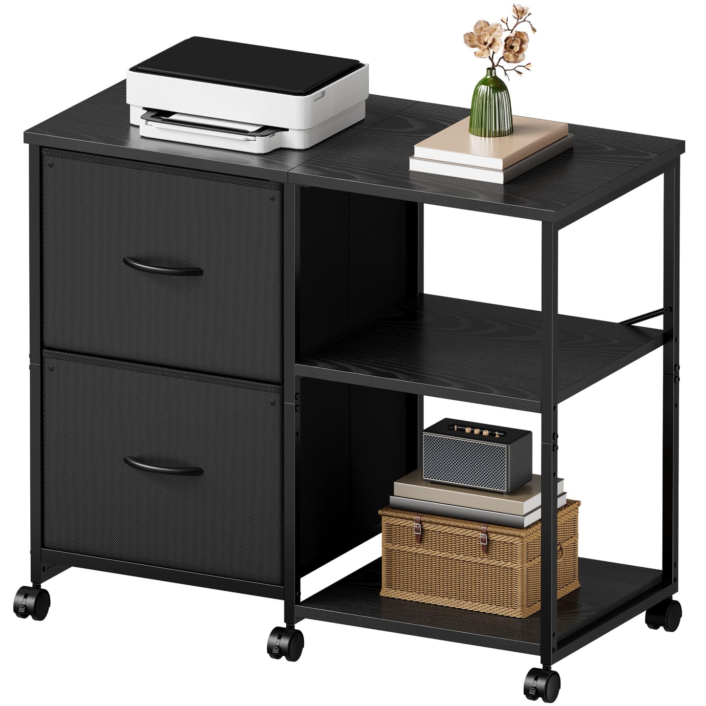 YeTom Fabric Lateral File Cabinet with Wheels, Rolling Printer Stand with Open Storage Shelf for Home Office, Black