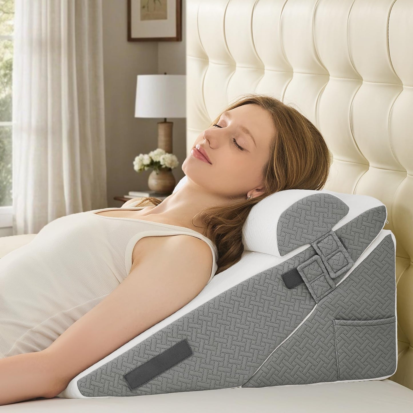 Sasttie Wedge Pillows for Adult, 3PCS Adjustable Bed Wedge Pillow for Post Surgery, Triangle Pillow Headboard with Bolster Cushion for Sleeping, Acid Reflux, Neck & Back Support, White and Dark Grey